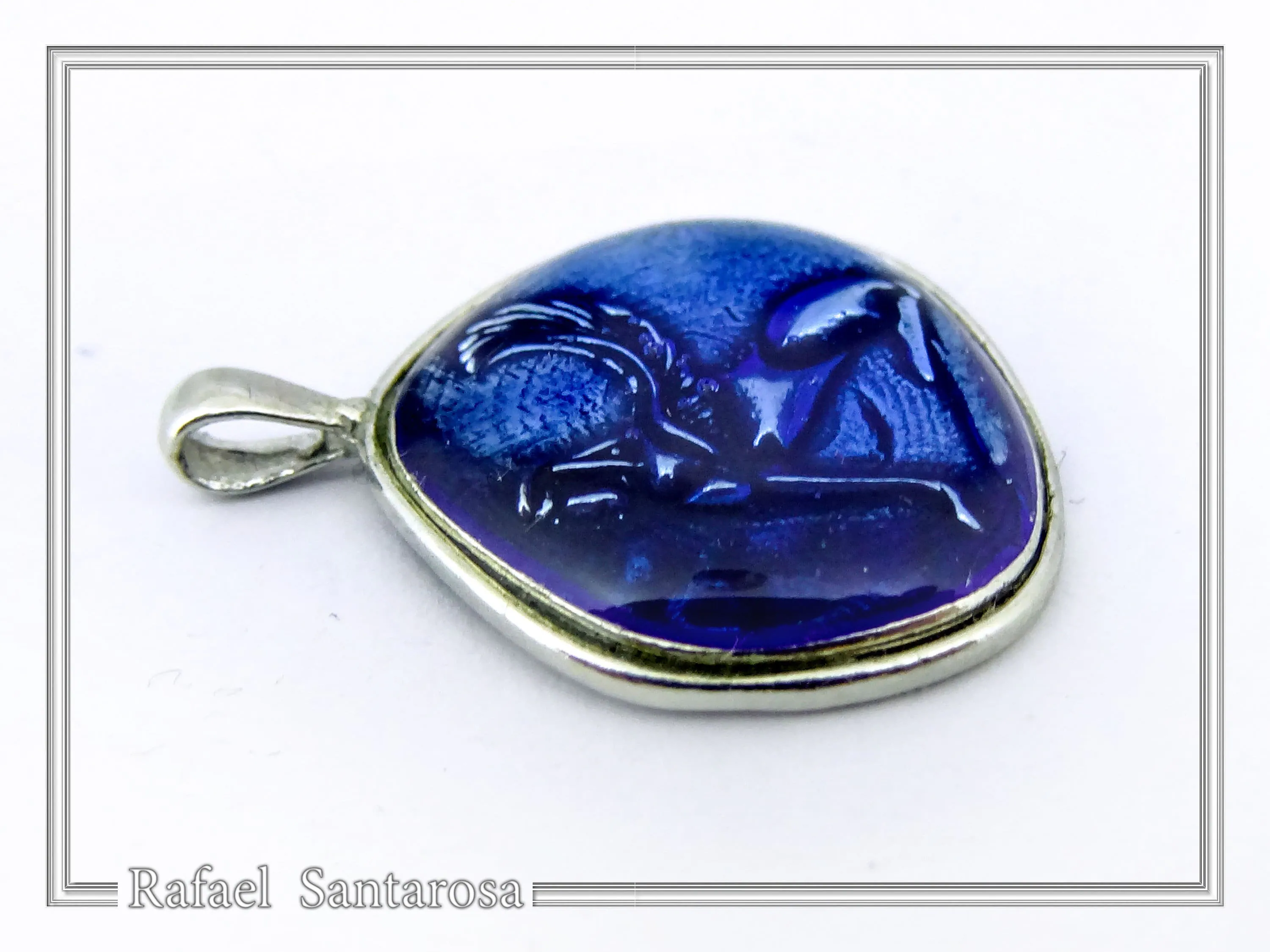 Sphinx of Delphi Greek Coin Necklace: Sky Blue Transparent Enamel on Sterling Silver Coin — additional product image 5 from Rafael Santarosa Fine Jewelry