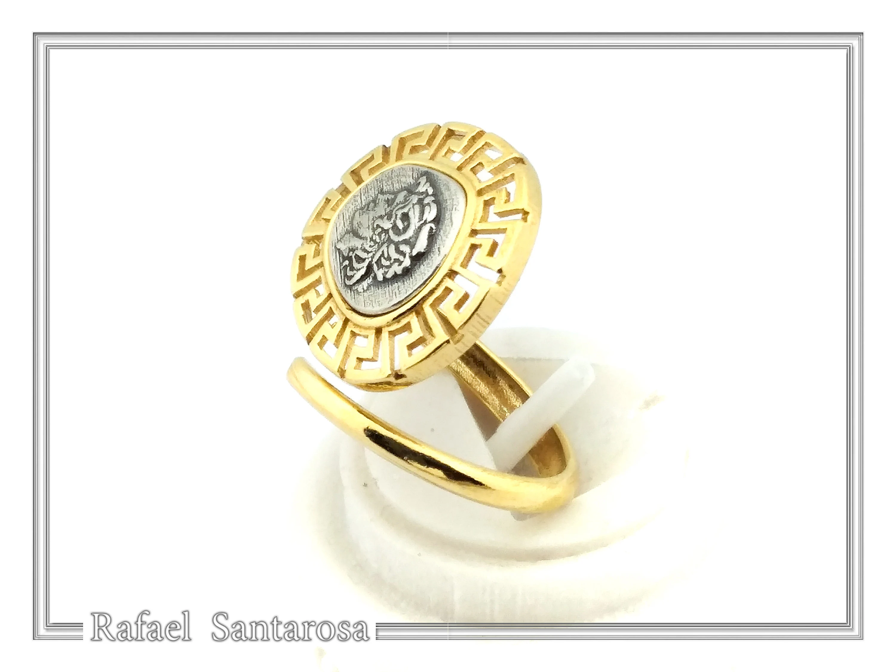 Alexander the Greek coin adjustable ring oxidized, and 18K gold filled sterling silver Greek Key — additional product image 2 from Rafael Santarosa Fine Jewelry