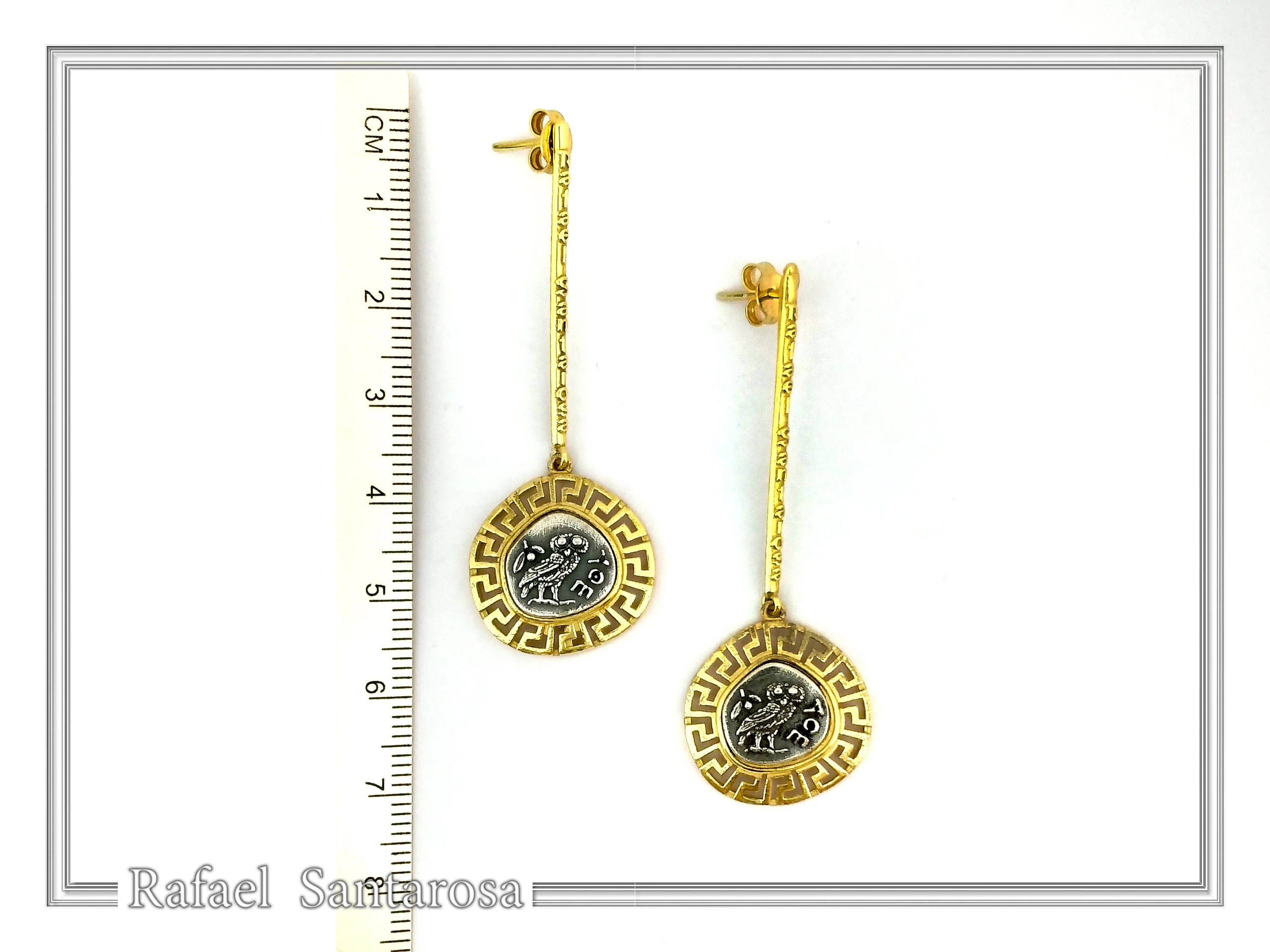 Athena Owl Tetradrachm Greek Coin Dangle Drop Earrings: Museum Replicas Oxidized & Gold-Filled Silver — additional product image 7 from Rafael Santarosa Fine Jewelry