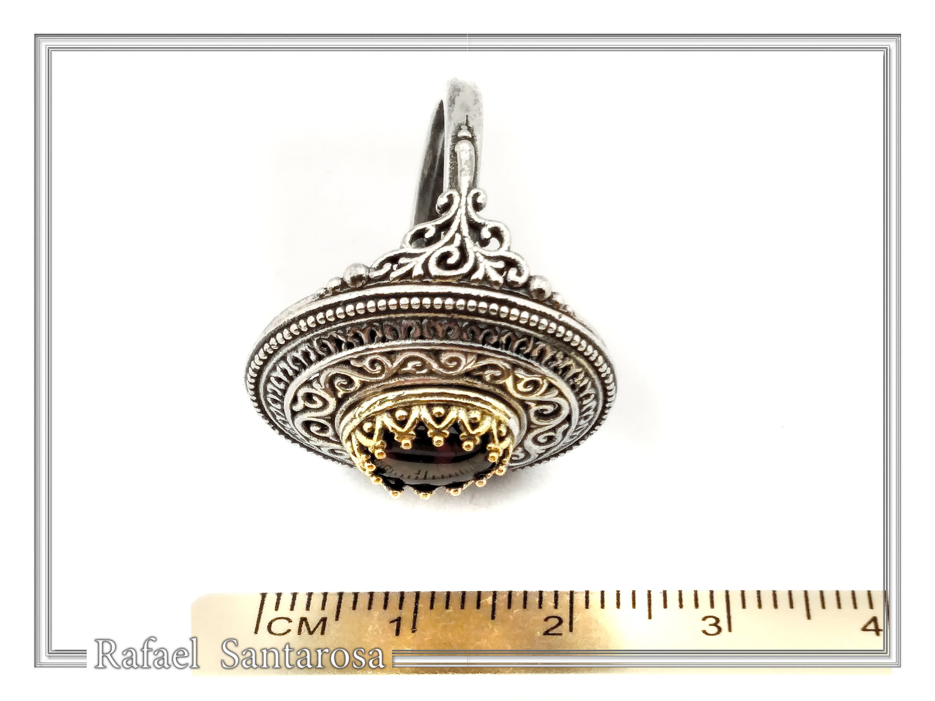 Dark Red Genuine Garnet Byzantine Style Ring: Oxidized Sterling Silver & 18K Gold Filled Bezel — additional product image 7 from Rafael Santarosa Fine Jewelry