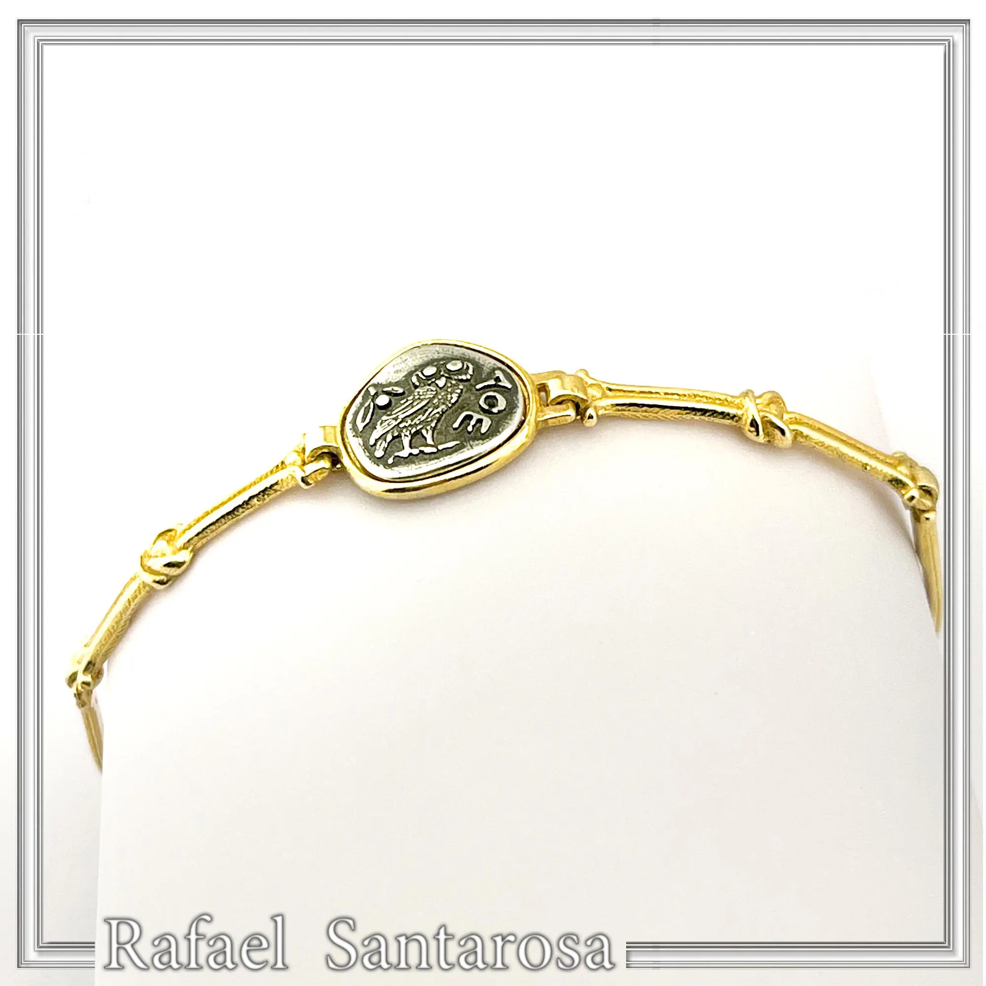 Athena Goddess Wisdom Owl Coin Bracelet: Oxidized & 18K Gold Filled Sterling Silver