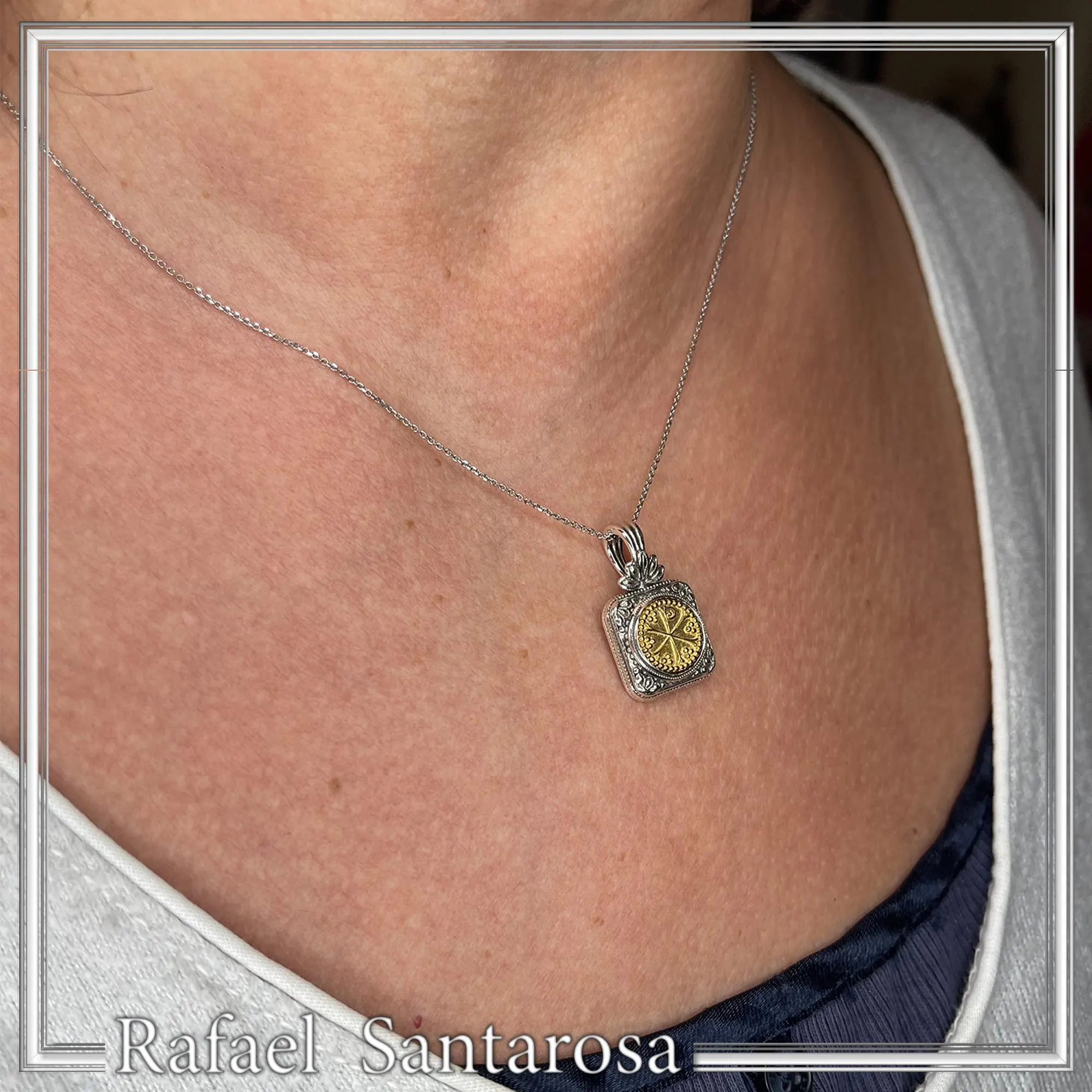 Chi Ro Christogram 18k sold Gold on Oxidized Sterling Silver filigree Pendant: Byzantine Talisman — additional product image 4 from Rafael Santarosa Fine Jewelry