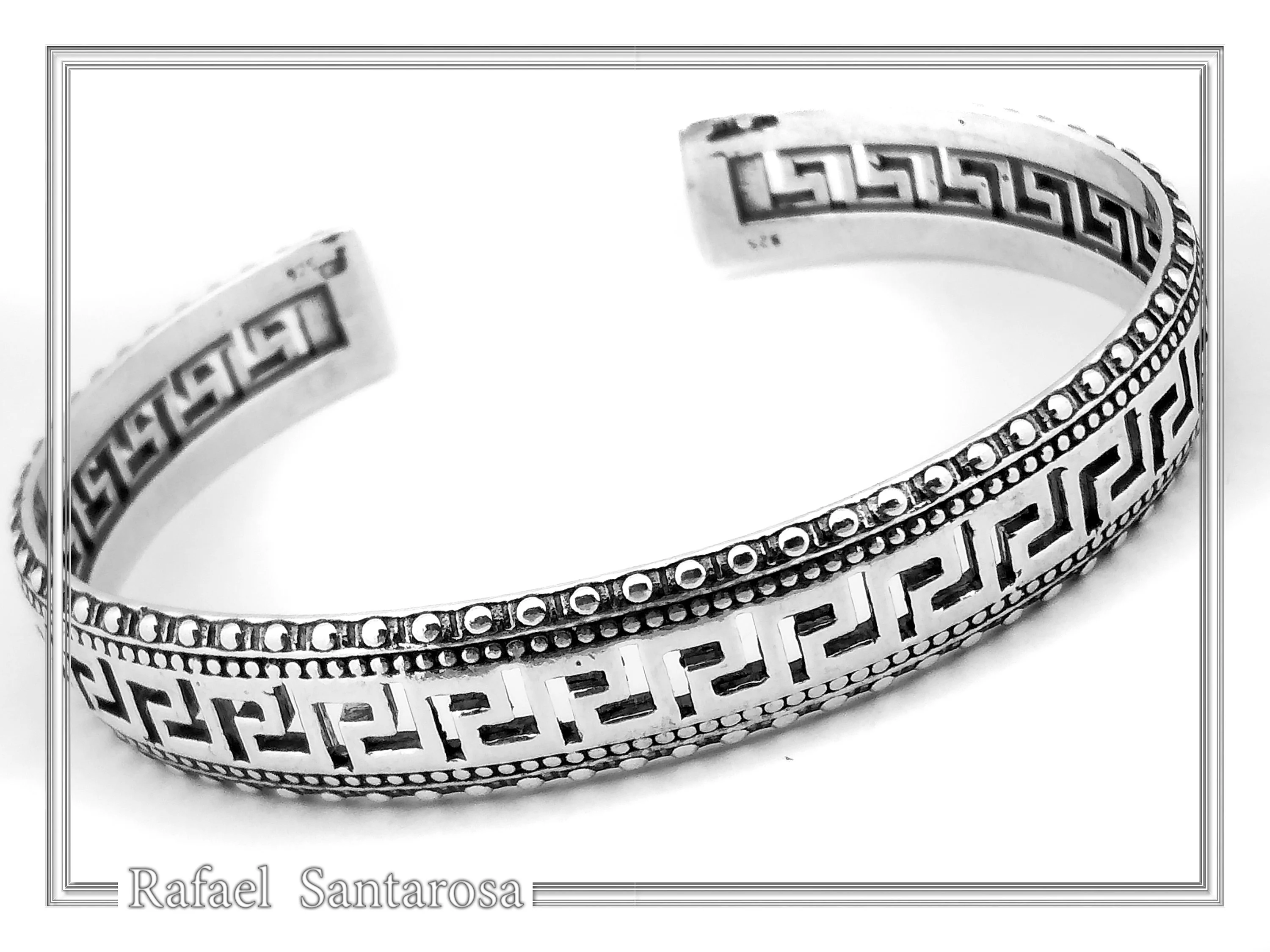 Greek Key Meander Oxidized Sterling Silver Cuff Bracelet, Museum Inspired Unisex Adjustable Jewelry — additional product image 5 from Rafael Santarosa Fine Jewelry