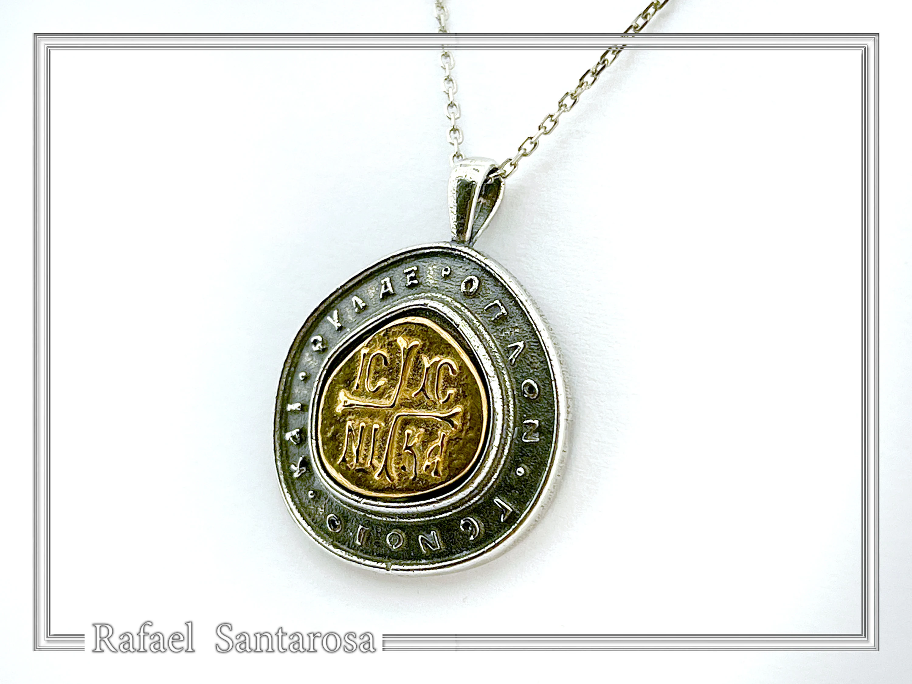 Jesus Christ Victorious Necklace: 18K Gold Christogram & Oxidized Sterling Silver. ICXC NIKA Orthodox Prayer. — additional product image 5 from Rafael Santarosa Fine Jewelry