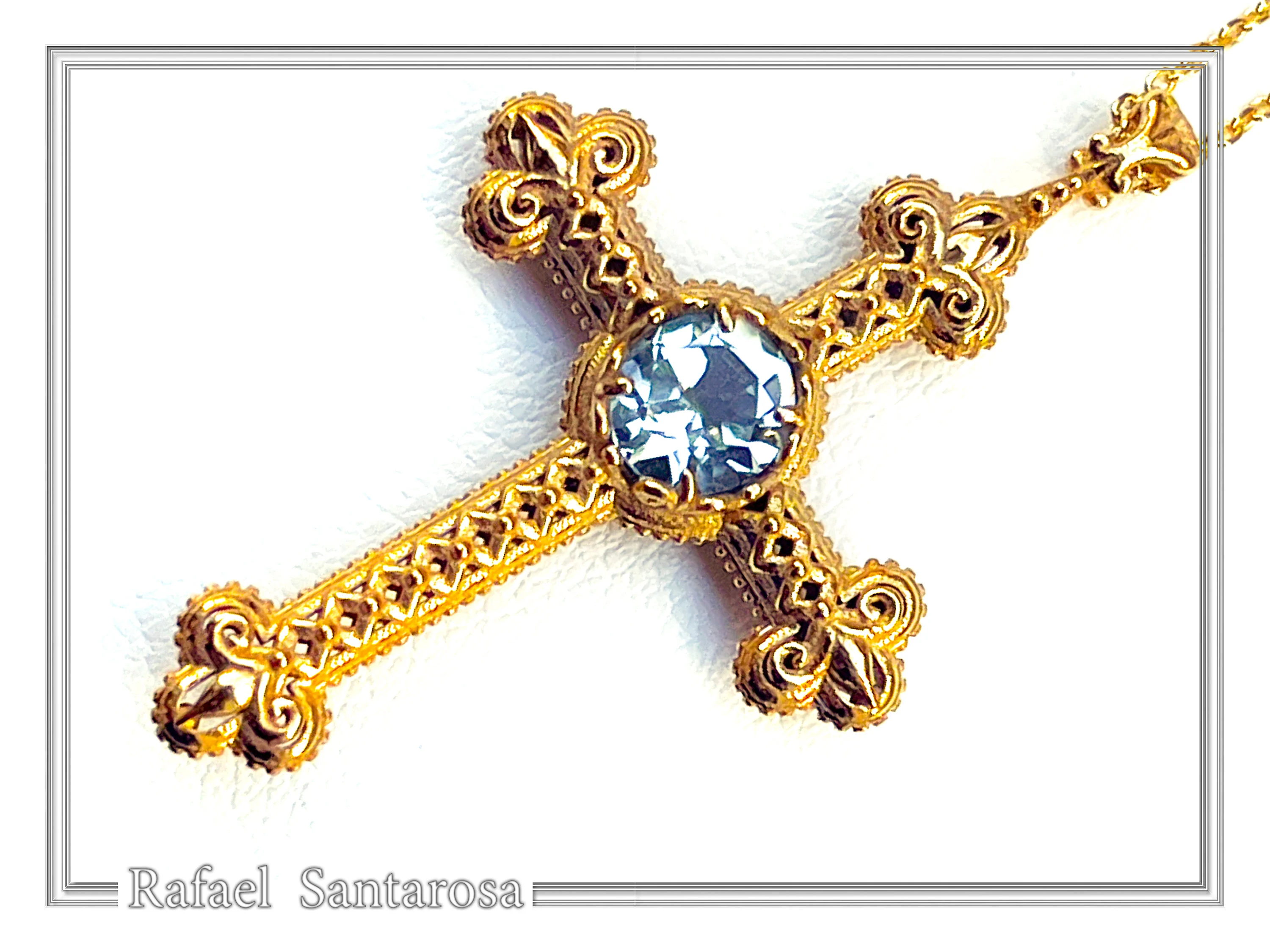 18K Solid Gold Natural Brilliant Cut Sky Blue Topaz Byzantine Filigree Cross Pendant — additional product image 6 from Rafael Santarosa Fine Jewelry