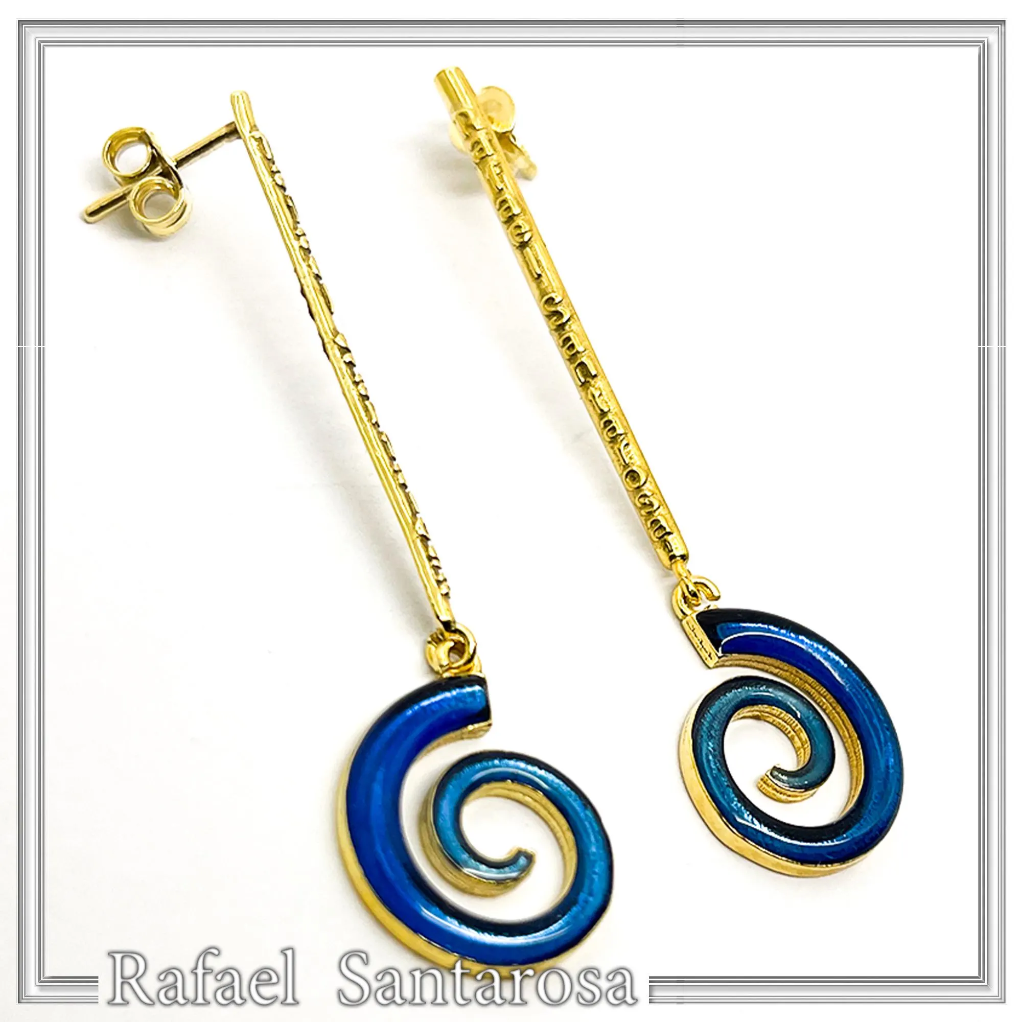 Blue Enamel Boho Spiral Symbol of Galaxy Drop Earrings: Sterling Silver Gold-Filled dangle Earrings — additional product image 2 from Rafael Santarosa Fine Jewelry