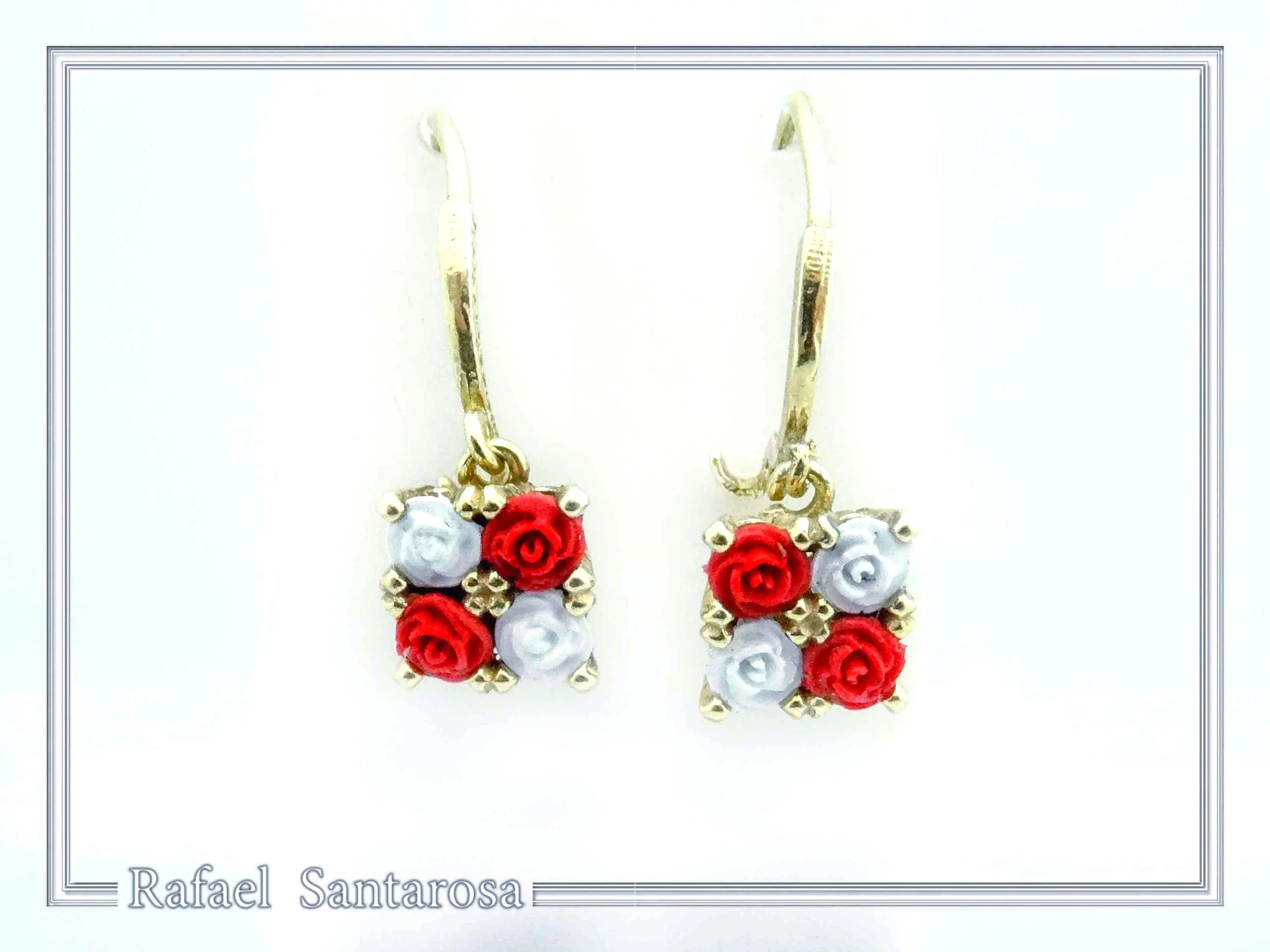 Red & White Roses Rose Flowers Shaped Alabaster Gems Drop Earrings: Sterling Silver 18K Gold-Filled — additional product image 3 from Rafael Santarosa Fine Jewelry