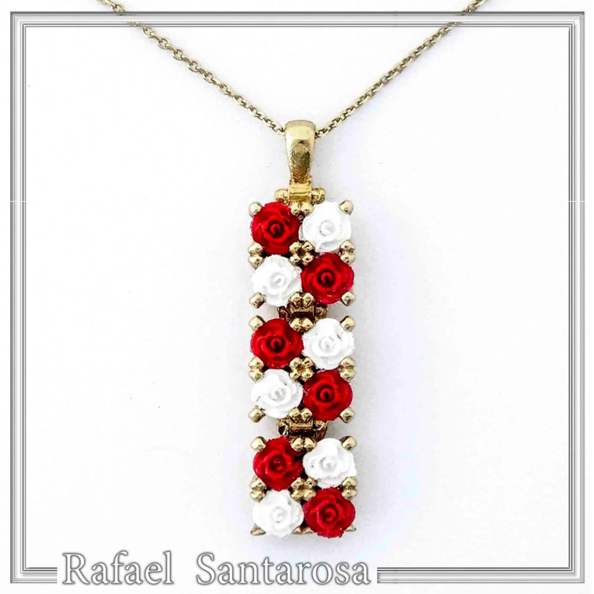 Handmade Rose Flowers Gems Pave Pendant: 18 K Gold-Filled Sterling Silver Beaded Floral Necklace
