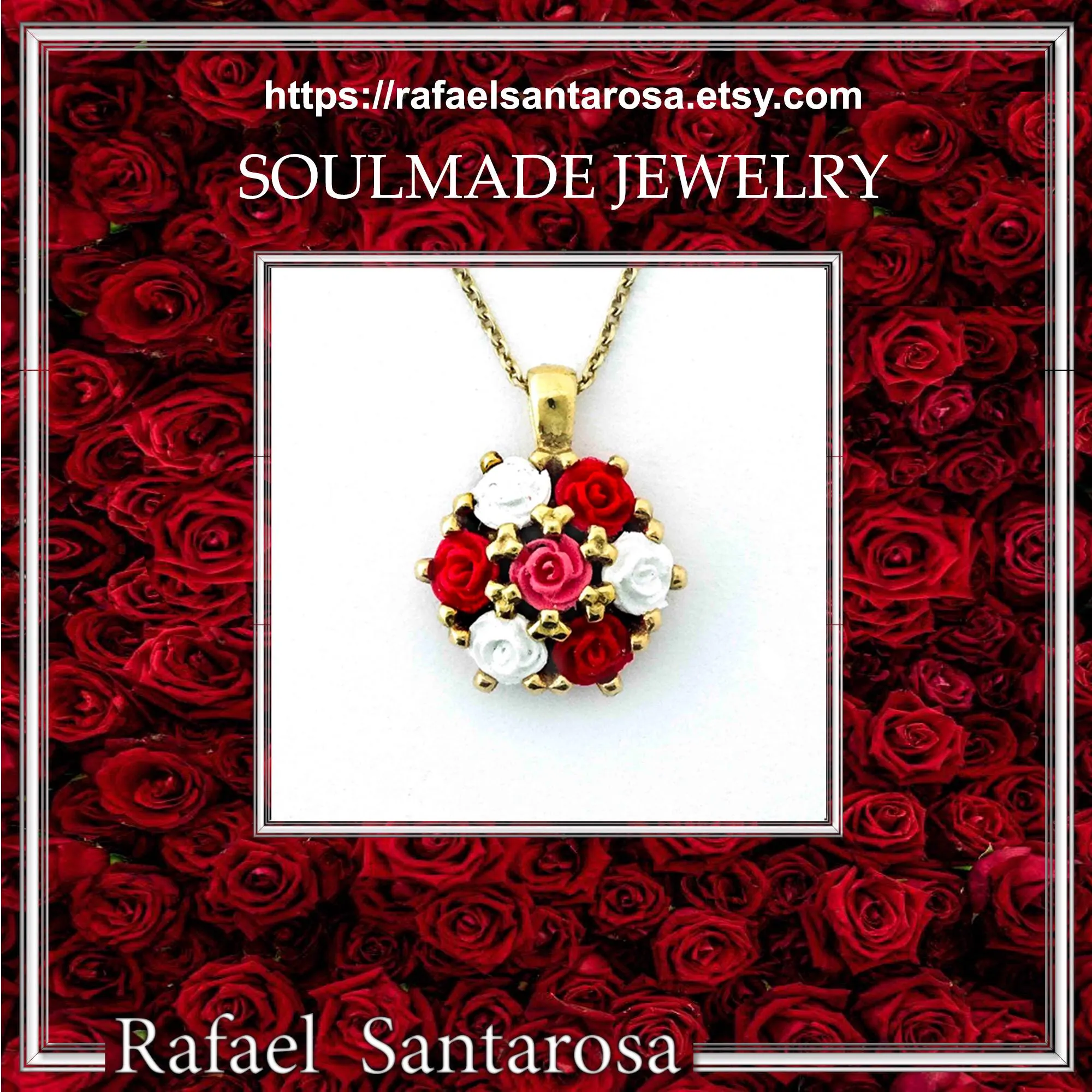 Handmade Alabaster Rose Flowers Necklace: Sterling Silver 18K Gold Filled Floral Pendant — additional product image 10 from Rafael Santarosa Fine Jewelry