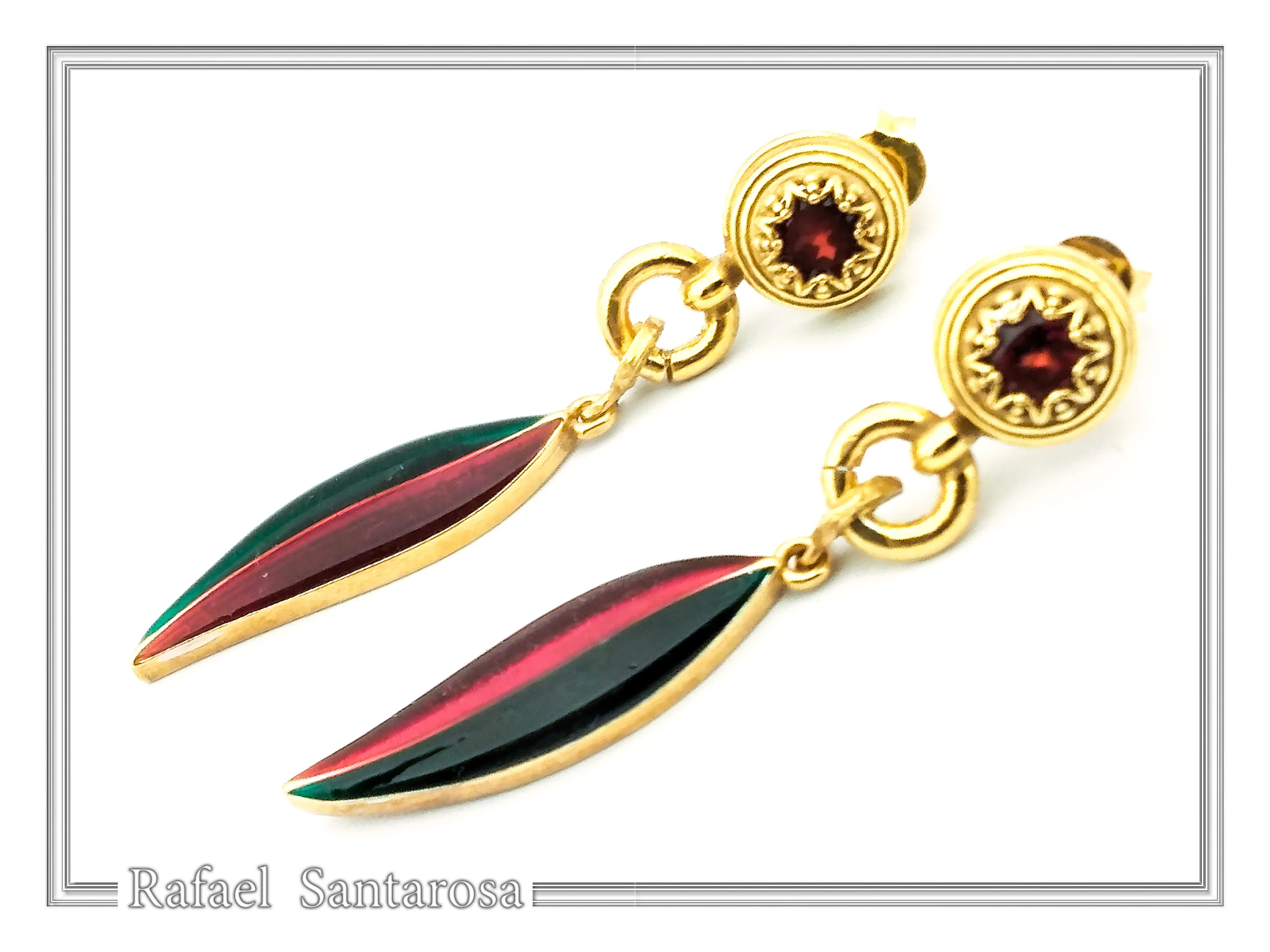 Olive Leaf Floral Dangle & Drop Earrings: Transparent Enamel, Natural Garnet, 18K Gold Filled Silver — additional product image 4 from Rafael Santarosa Fine Jewelry