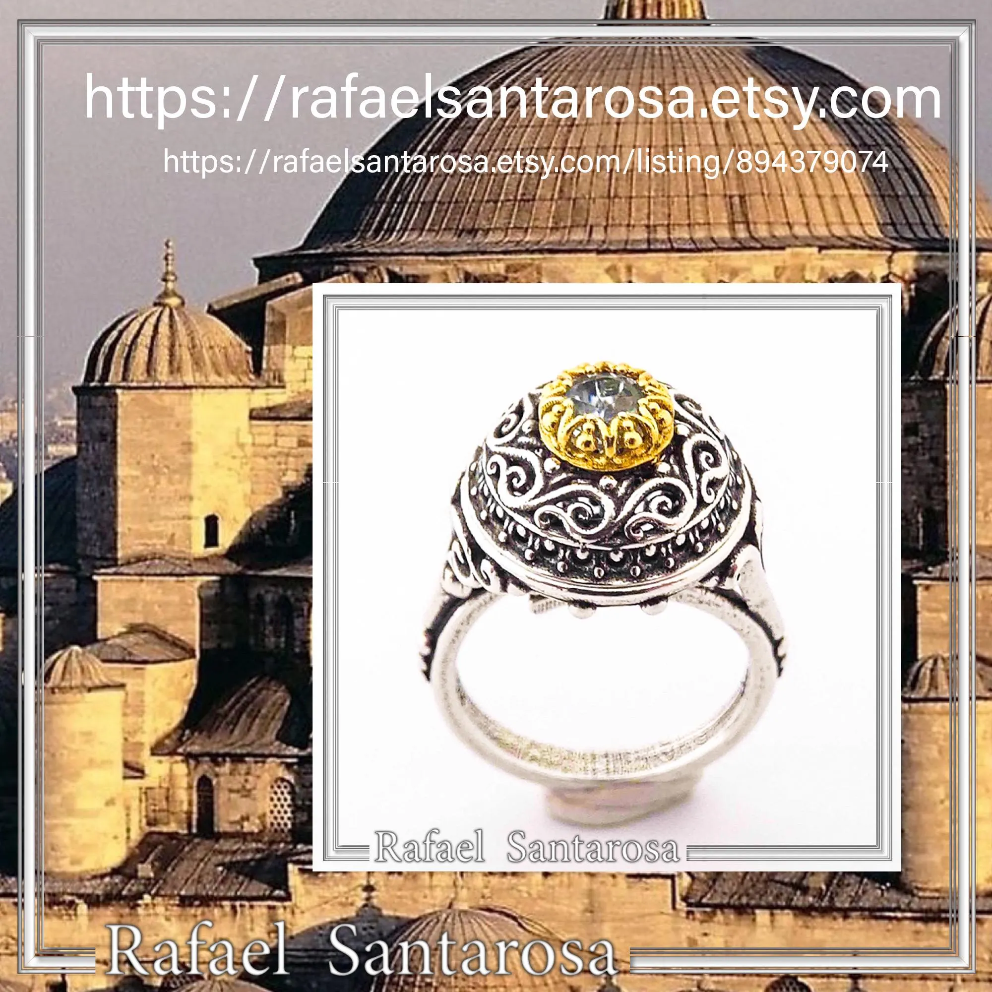 Sterling Silver Ring, 18K Gold Filled Filigree Bezel and 5mm Natural Sky-Blue Topaz — additional product image 8 from Rafael Santarosa Fine Jewelry