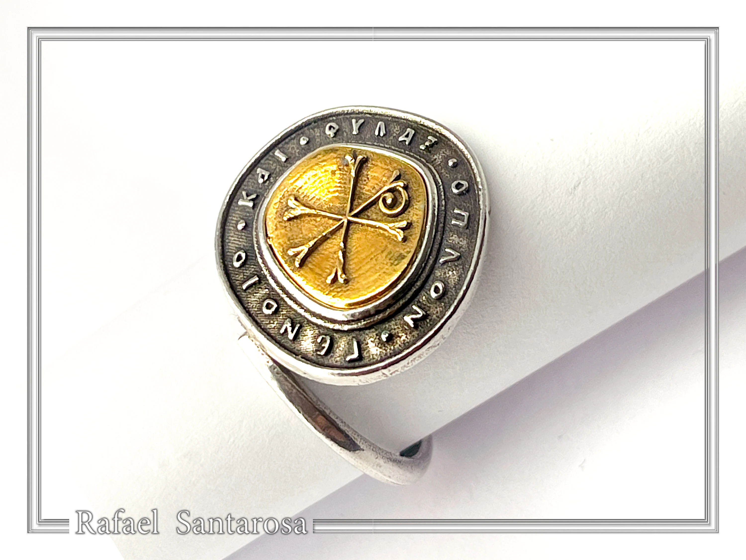 18K Gold Chi Rho Christogram on Oxidized Sterling Silver Adjustable Ring, Byzantine Prayer Talisman — additional product image 4 from Rafael Santarosa Fine Jewelry