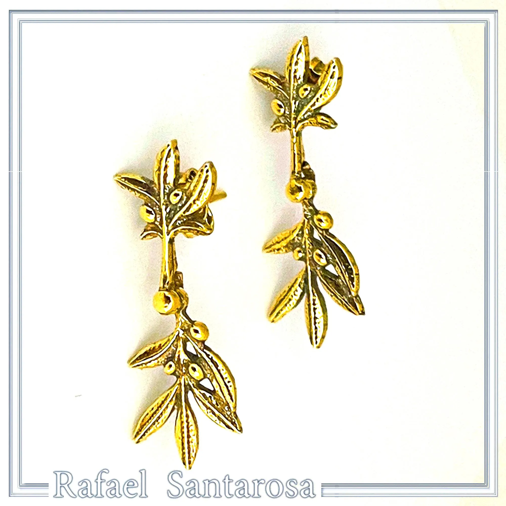 18K Solid Gold Olive Branch Dangle Earrings: Greek Nature Floral Jewelry Peace Symbol — additional product image 3 from Rafael Santarosa Fine Jewelry