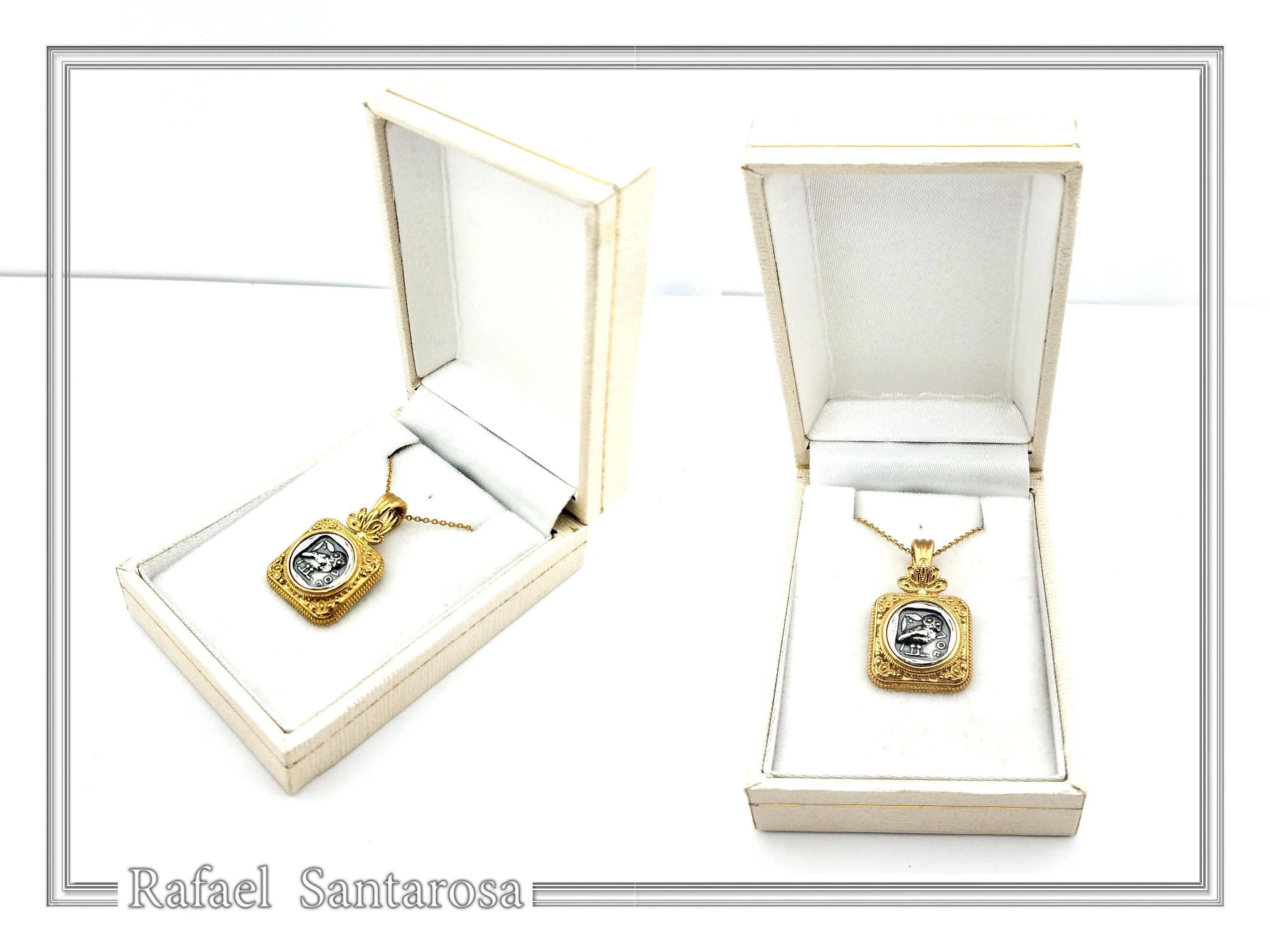 Athena Owl Tetradrachm Coin Ancient Greek Style Necklace: Oxidized Sterling Silver & 18K Gold filled — additional product image 9 from Rafael Santarosa Fine Jewelry