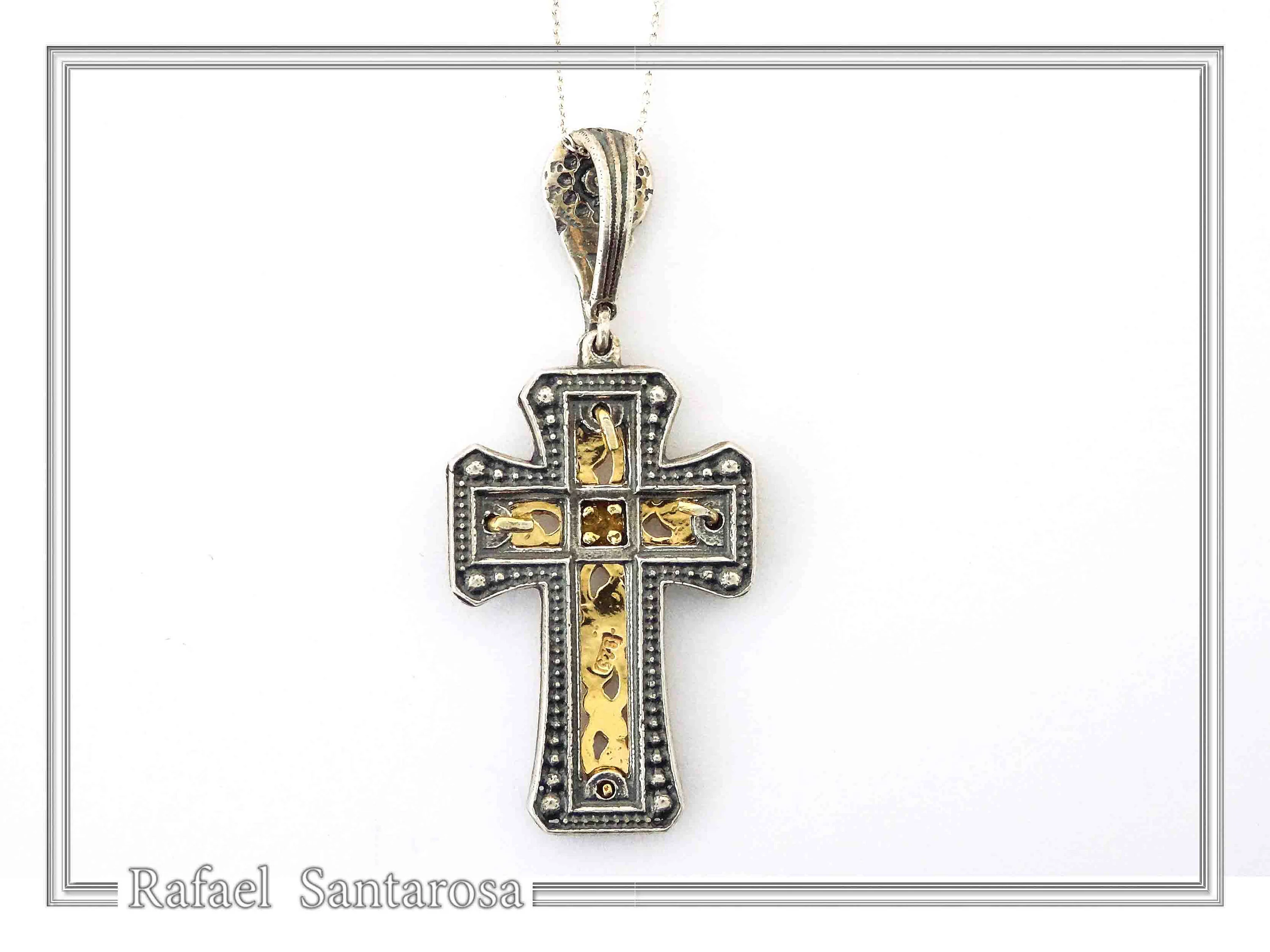 Byzantine Cross Necklace: 18k Gold Filled Filigree Silver Decoration on Oxidized Sterling Silver base — additional product image 7 from Rafael Santarosa Fine Jewelry