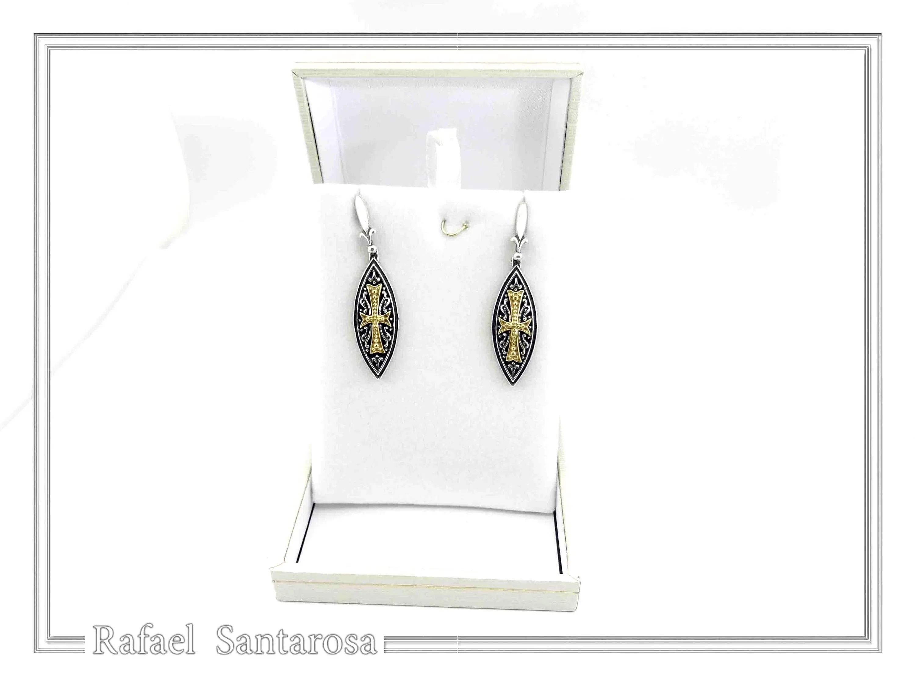 Maltese Cross Drop Earrings. Medieval Jewelry: Oxidized and 18K Gold-Filled Sterling Silver — additional product image 10 from Rafael Santarosa Fine Jewelry