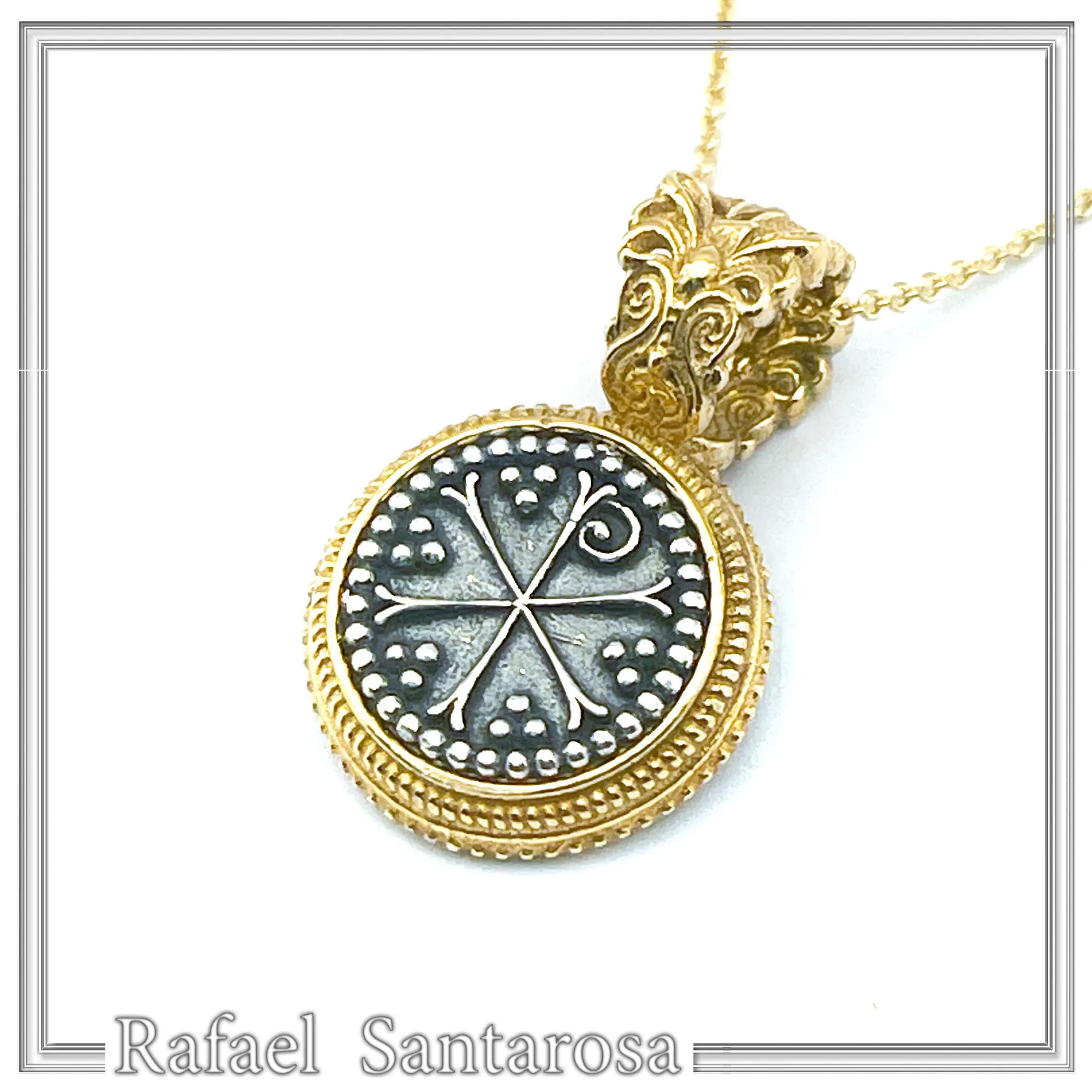 Chi Rho Christogram Jesus Symbol Necklace: Oxidized & Gold Filled Filigree Sterling Silver — additional product image 4 from Rafael Santarosa Fine Jewelry
