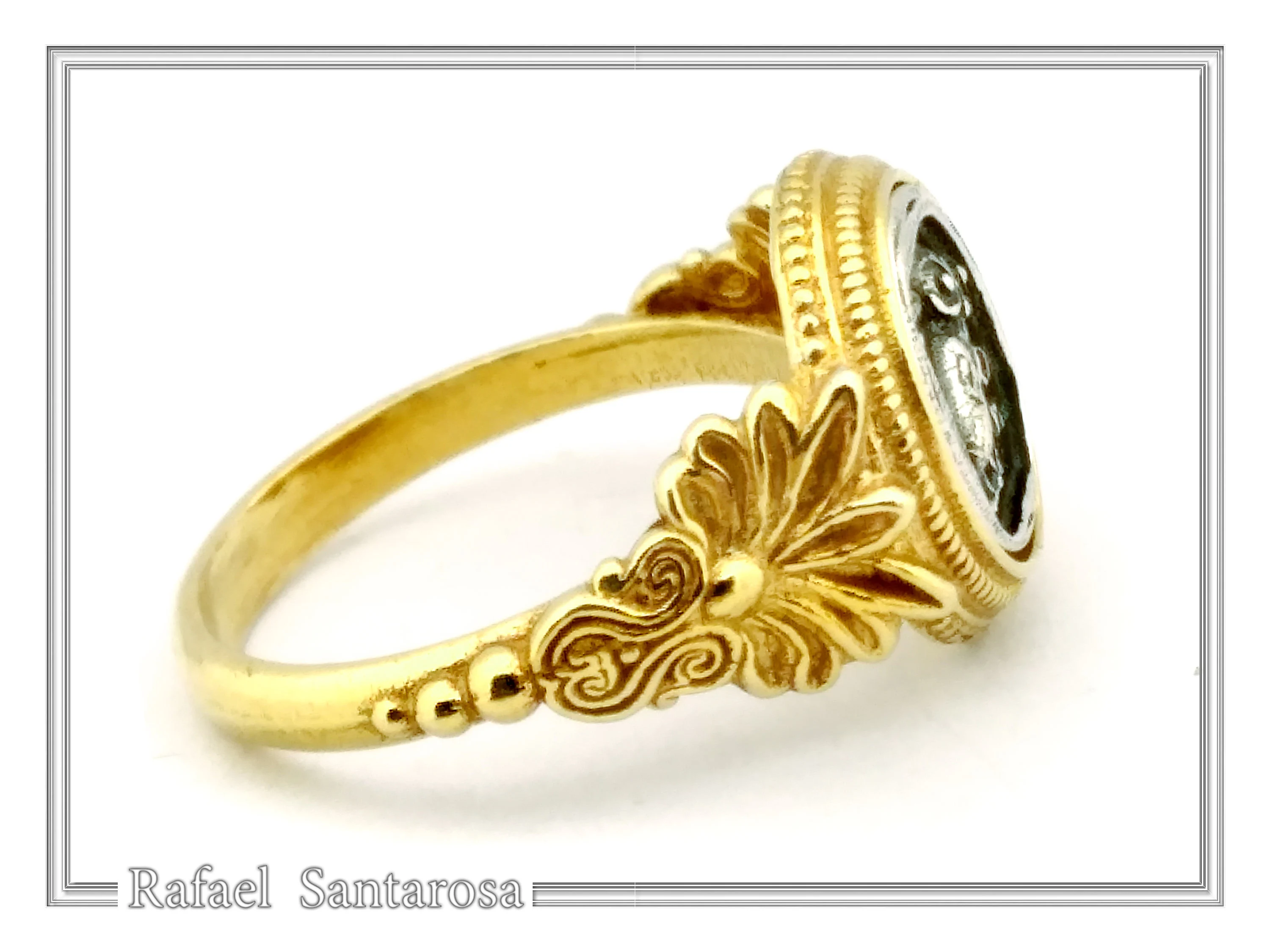 Tetradrachm Athena Owl Replica Greek Coin Ring, Antefix Filigree decoration: Sterling Silver oxidized & Gold-Filled — additional product image 4 from Rafael Santarosa Fine Jewelry
