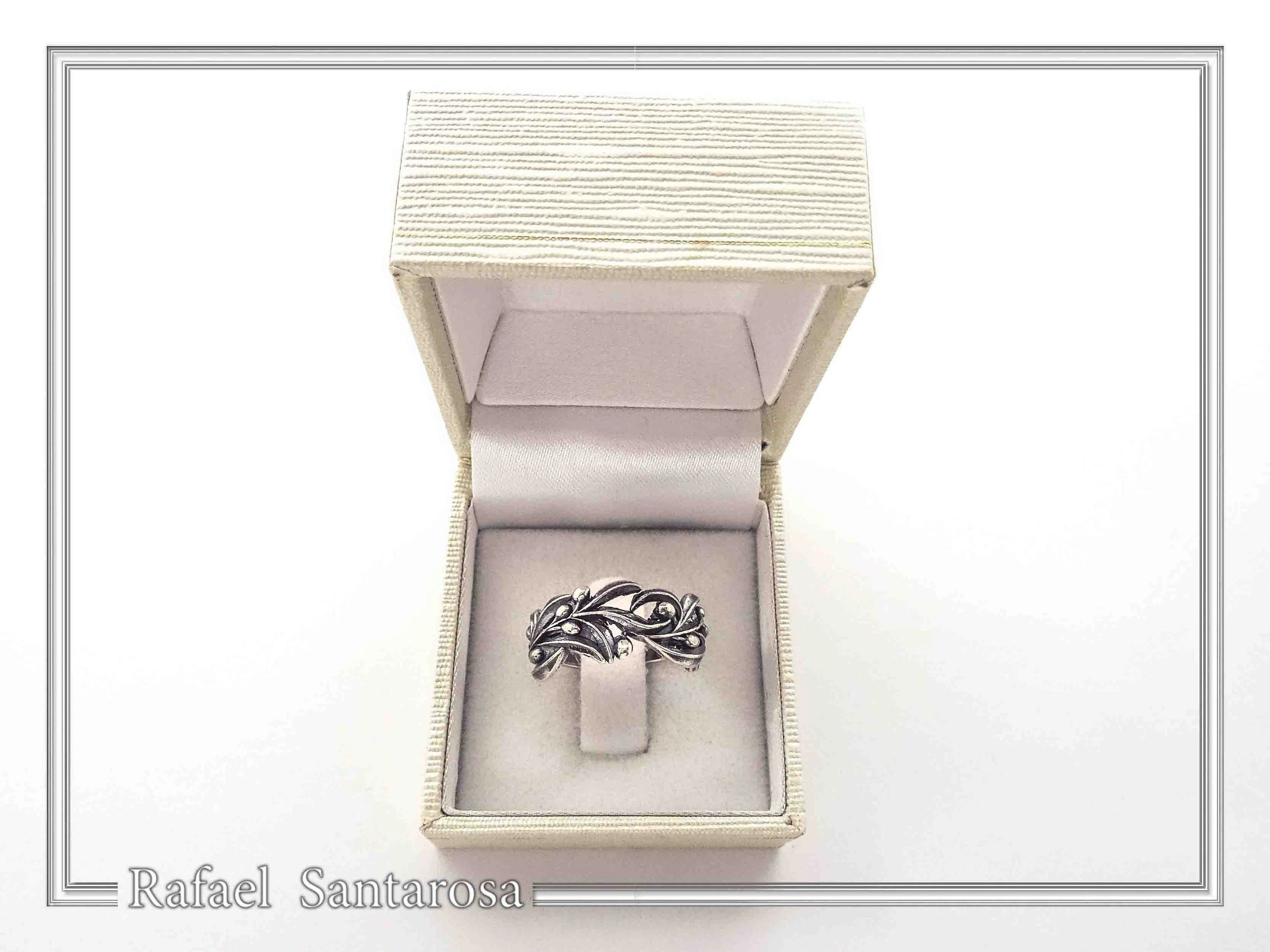 Olive Branch Band Ring, Greek Mythology Floral Jewelry: Oxidized Sterling Silver — additional product image 8 from Rafael Santarosa Fine Jewelry