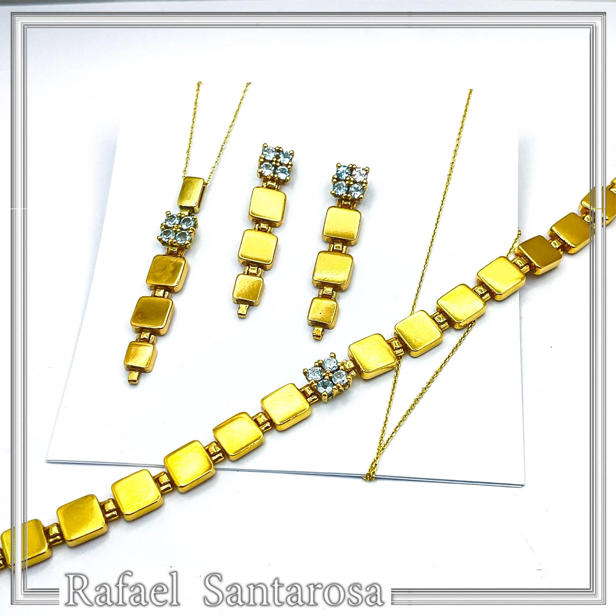 Sterling Silver Gold Filled Sky Blue Topaz Dangle Pendant Art Deco Handmade Necklace — additional product image 6 from Rafael Santarosa Fine Jewelry