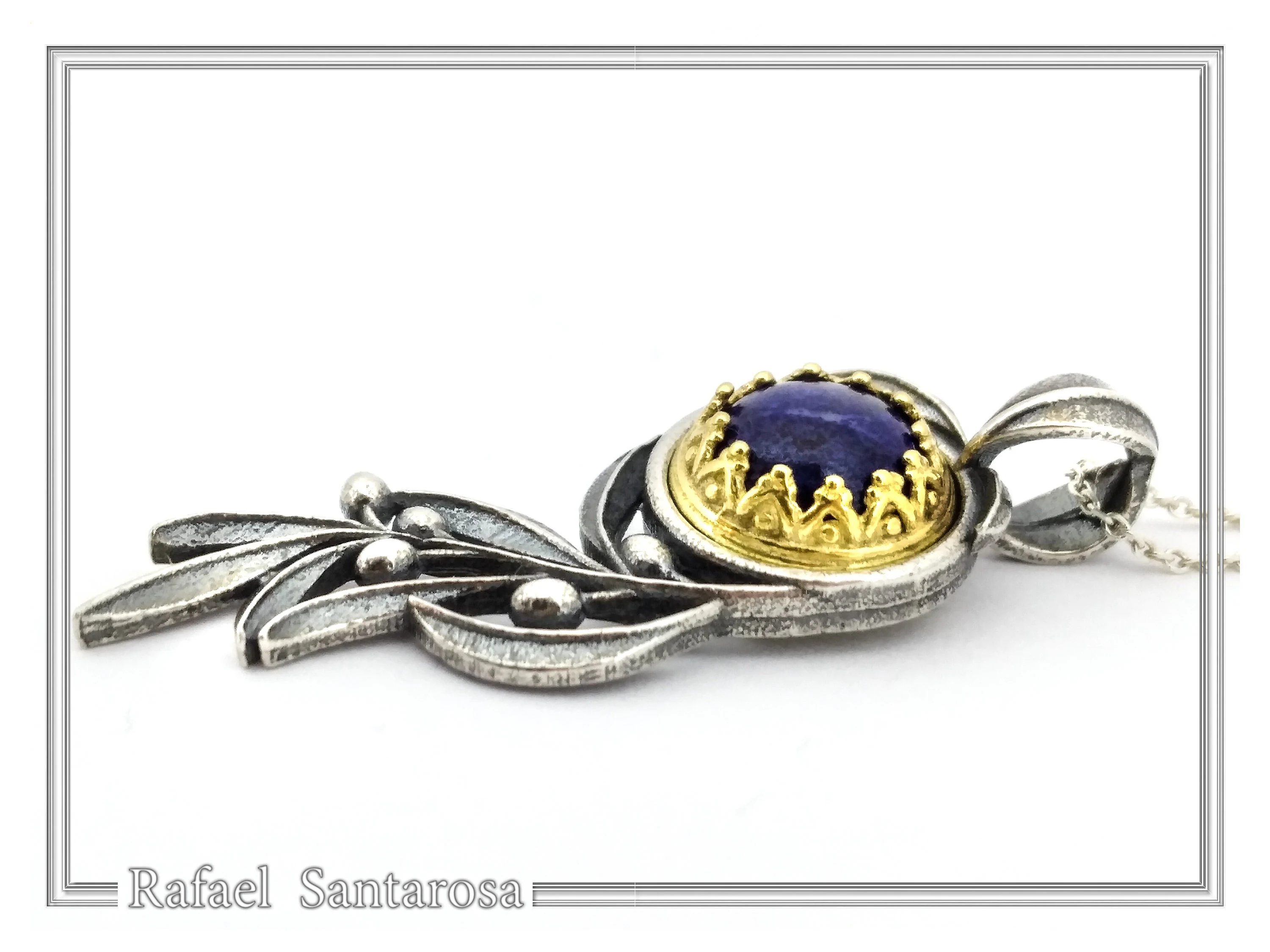 Natural Lapis Olive Leaf Pendant Floral Necklace: Oxidized Sterling Silver 18K Gold Filled Bezel — additional product image 7 from Rafael Santarosa Fine Jewelry