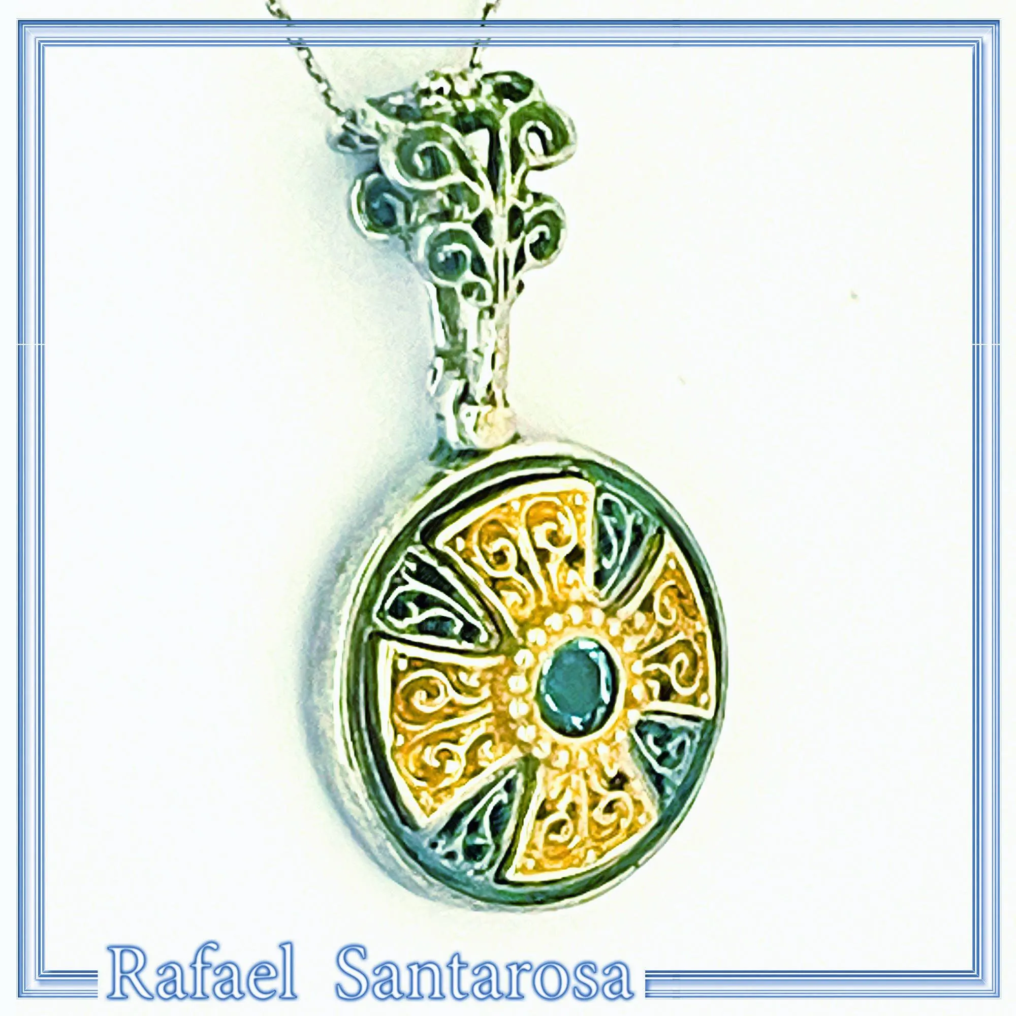 Natural Sky-Blue Topaz Cross Pendant: Sterling Silver 18K Gold Filled Byzantine Filigree — additional product image 4 from Rafael Santarosa Fine Jewelry