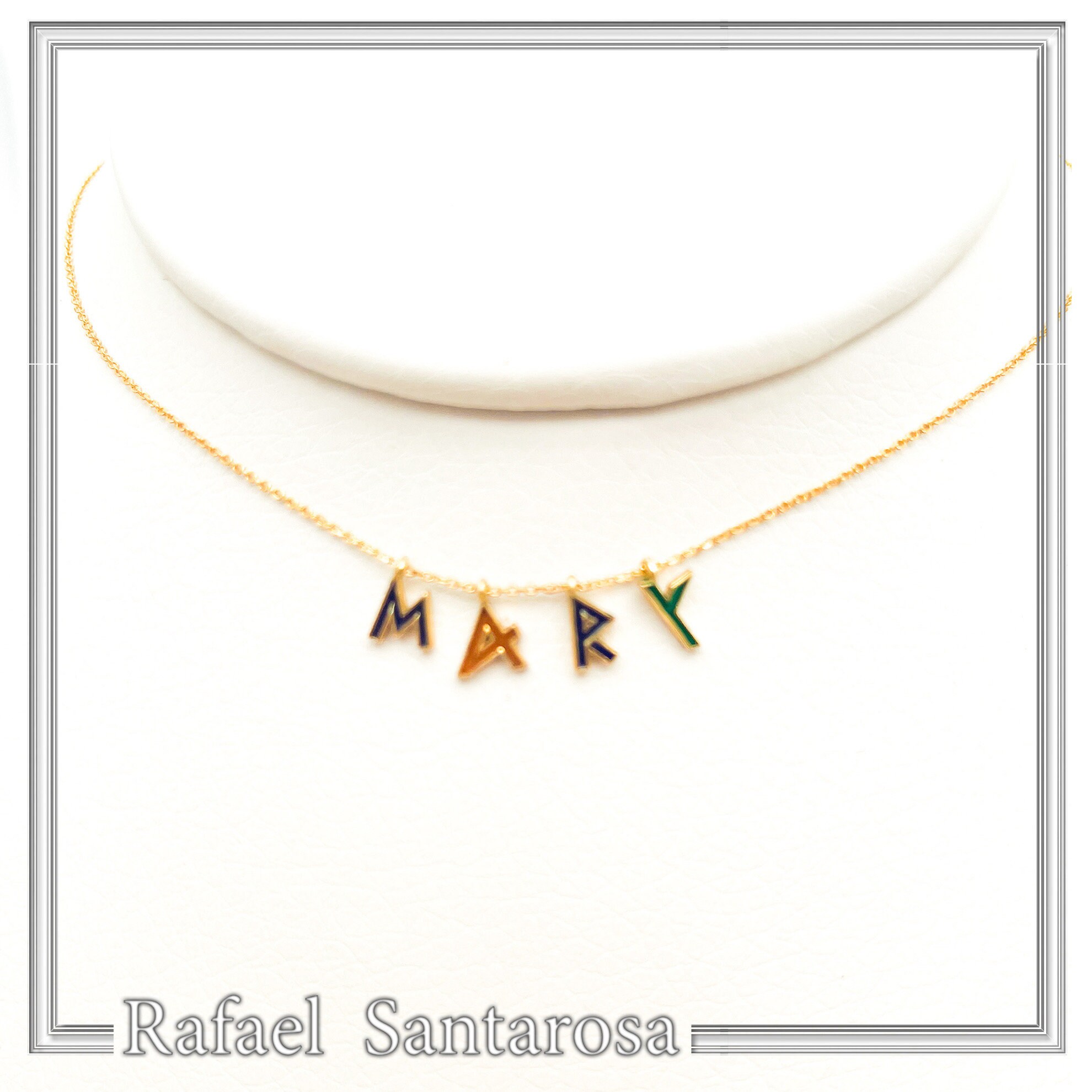Personalized "Mary" Name Silver Gold filled Beaded Necklace: Enamel Letter Charm, Ancient Greek Font — additional product image 3 from Rafael Santarosa Fine Jewelry