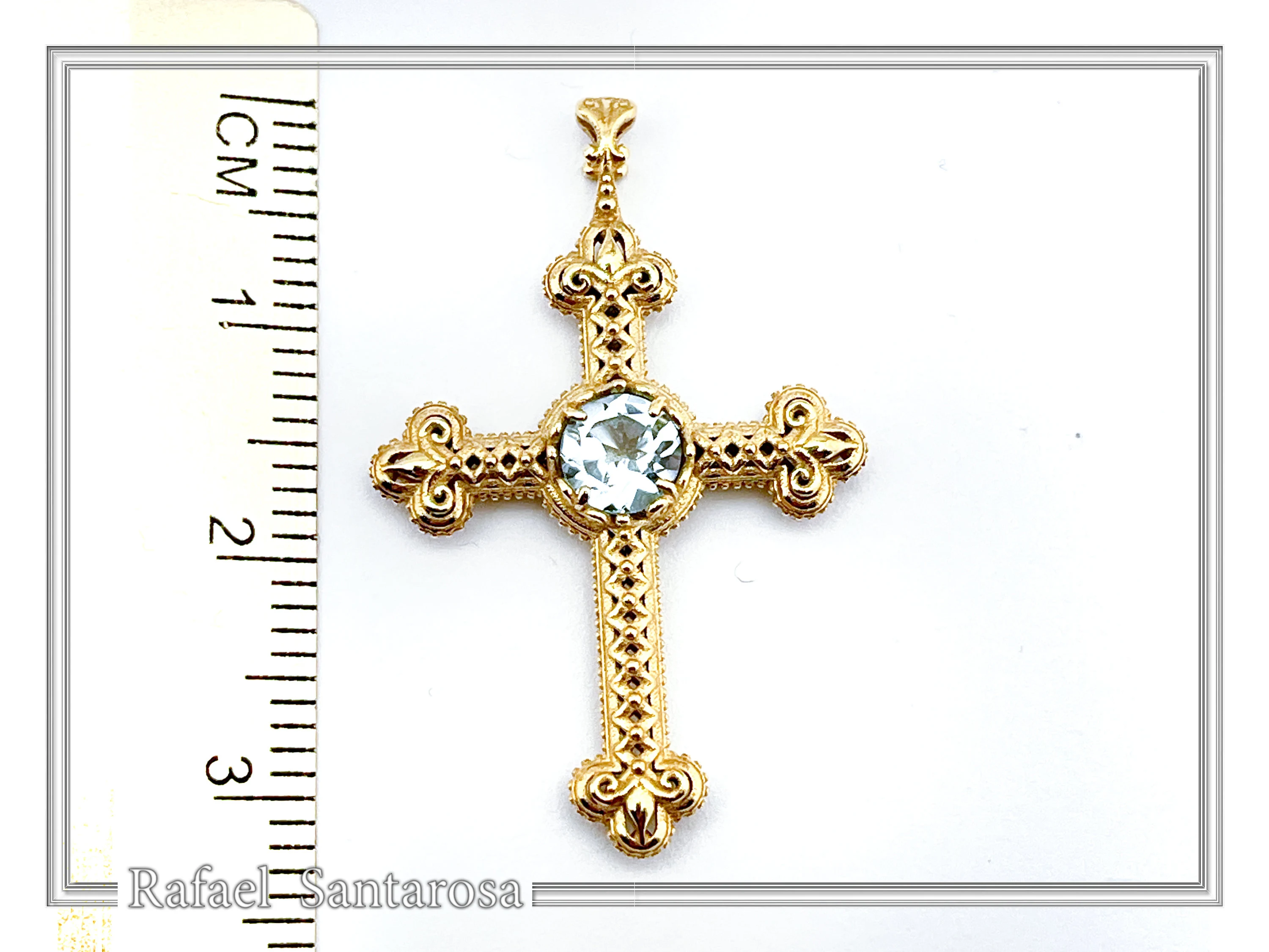 18K Solid Gold Natural Brilliant Cut Sky Blue Topaz Byzantine Filigree Cross Pendant — additional product image 10 from Rafael Santarosa Fine Jewelry