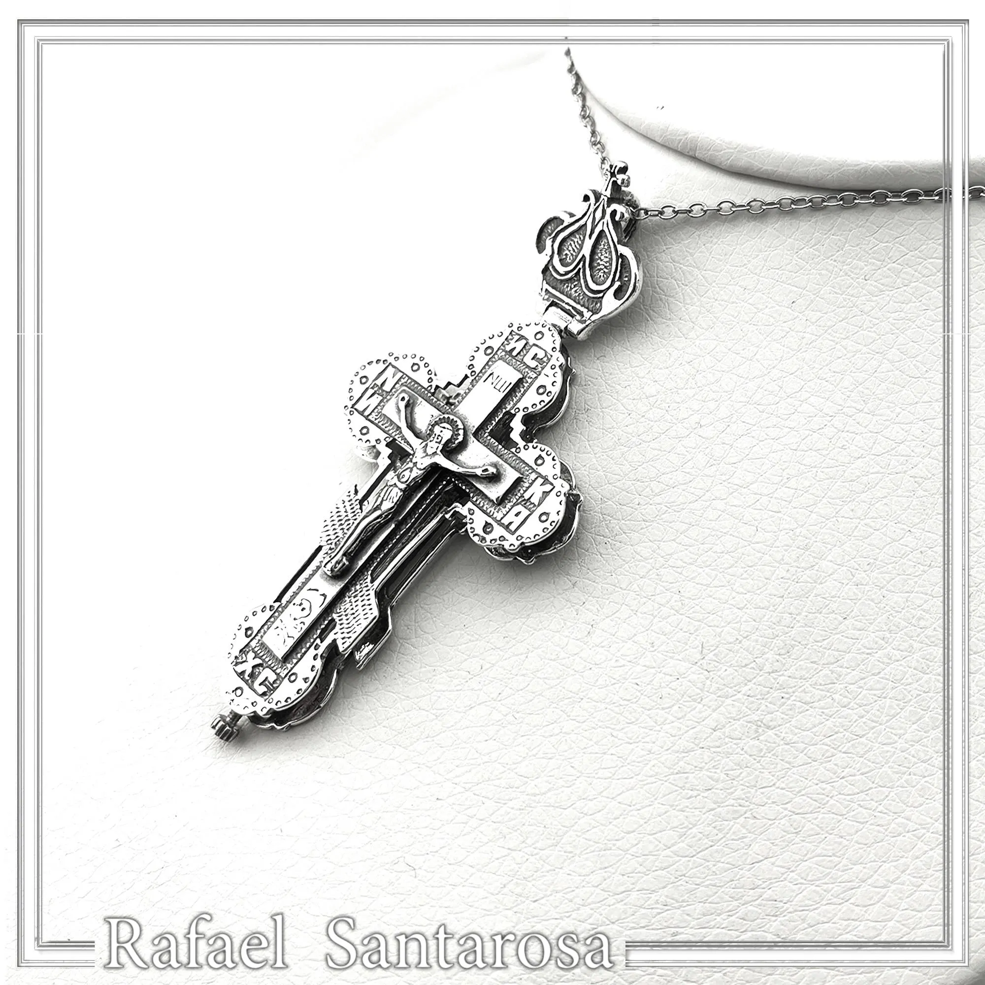 Reliquary Russian Type Cross Byzantine Cyrillic Prayer Pendant: Oxidised Sterling Silver Locket — additional product image 7 from Rafael Santarosa Fine Jewelry