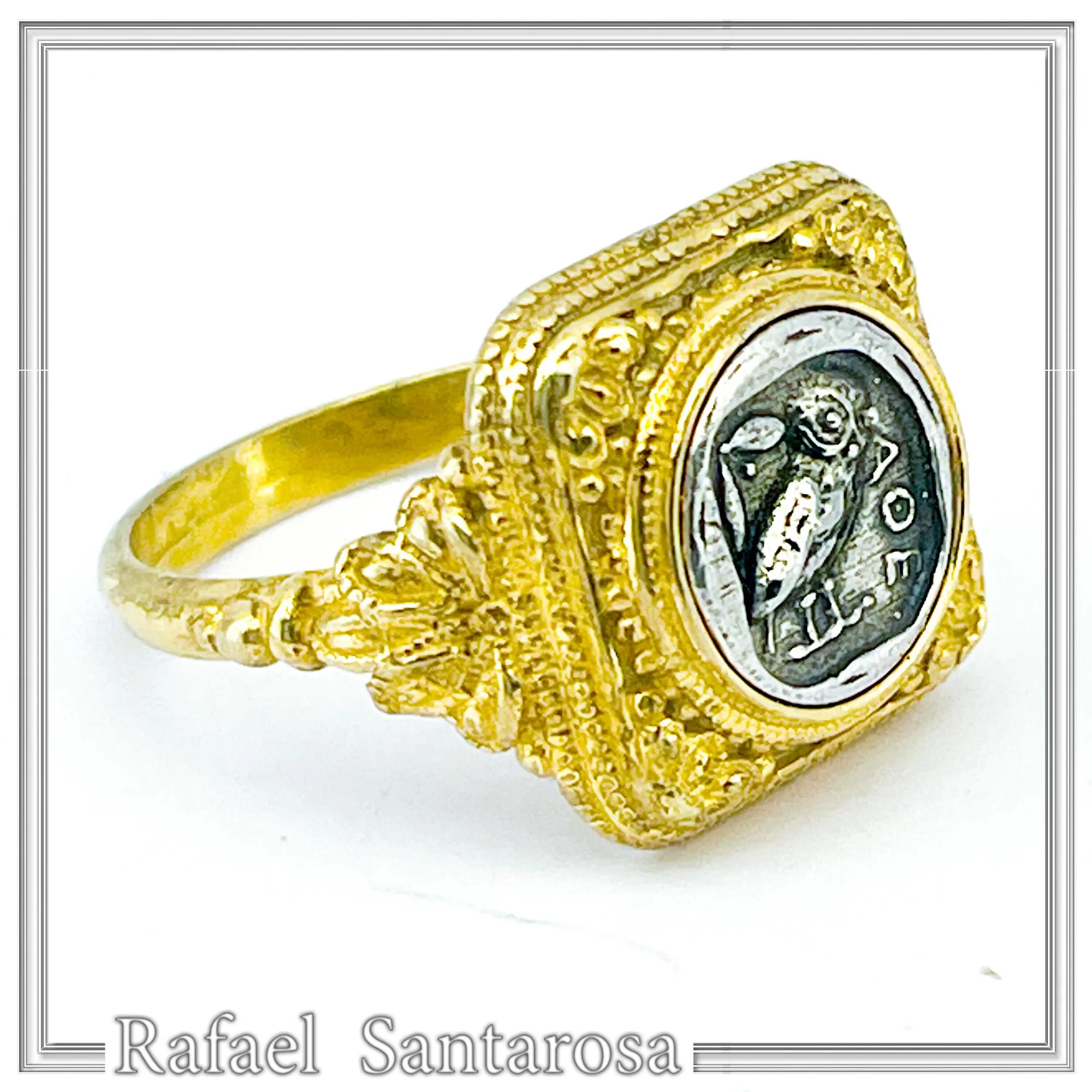 Tetradrachm Owl Coin Filigree Ring: Oxidized Silver Coin on 18K Gold Filled, Museum Replicas — additional product image 2 from Rafael Santarosa Fine Jewelry