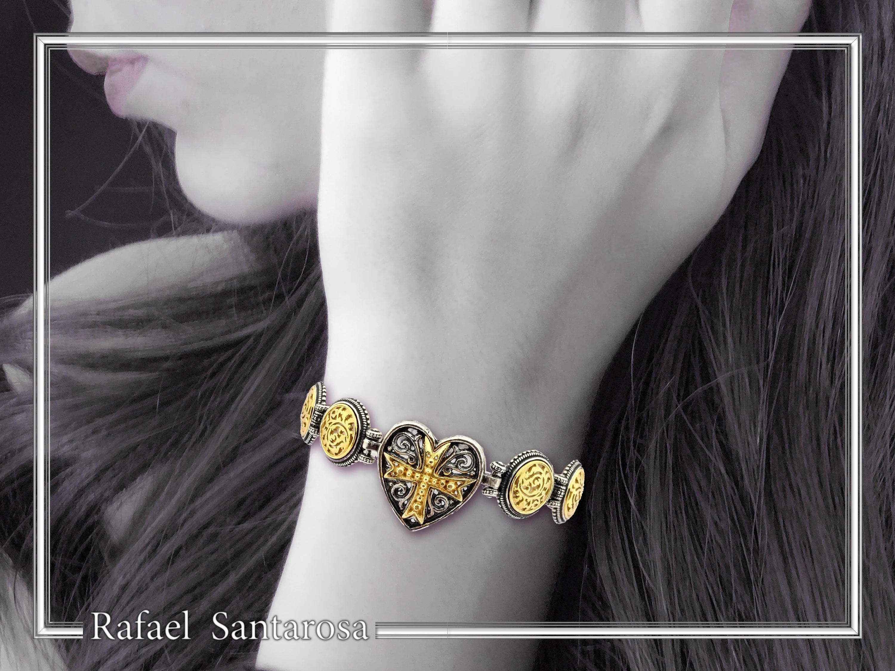 Byzantine Maltese Cross Holy Heart Knights Bracelet: Oxidized Sterling Silver and 18K Gold Filled — additional product image 3 from Rafael Santarosa Fine Jewelry