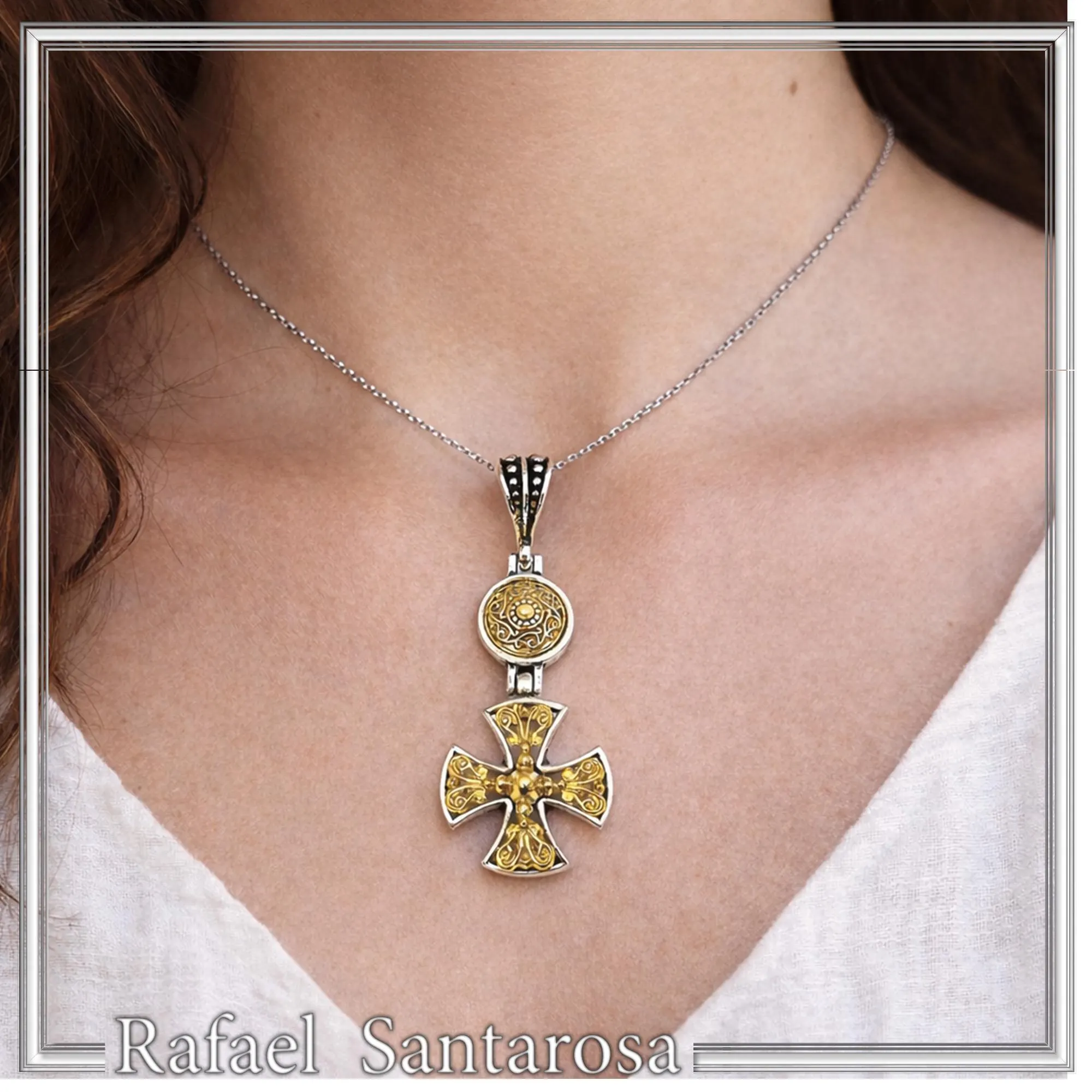Byzantine Cross Necklace Sterling Silver Oxidized & 18K Gold Filled Handmade Pendant, Medieval Christian Jewelry — additional product image 2 from Rafael Santarosa Fine Jewelry