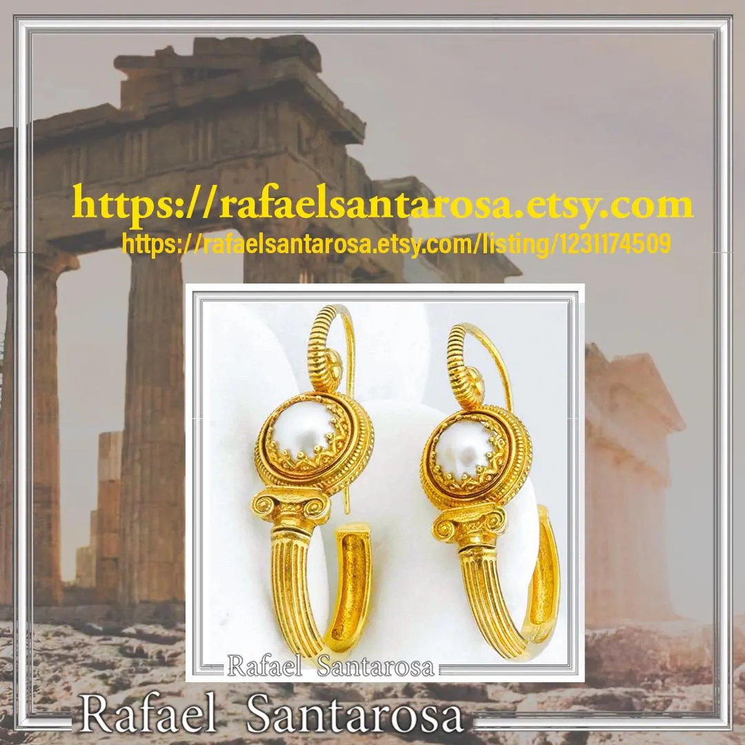 Ancient Greek Ionian Temple Column Natural Pearl Hoop Earrings Gold Filled Silver: Museum Jewelry — additional product image 10 from Rafael Santarosa Fine Jewelry