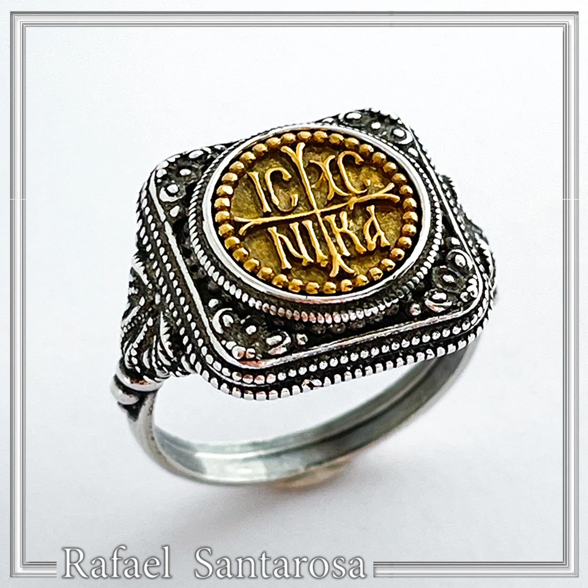 18K Sold Gold Jesus Victorious ICXC NIKA Ring: Oxidized Sterling Silver Byzantine Talisman — additional product image 2 from Rafael Santarosa Fine Jewelry
