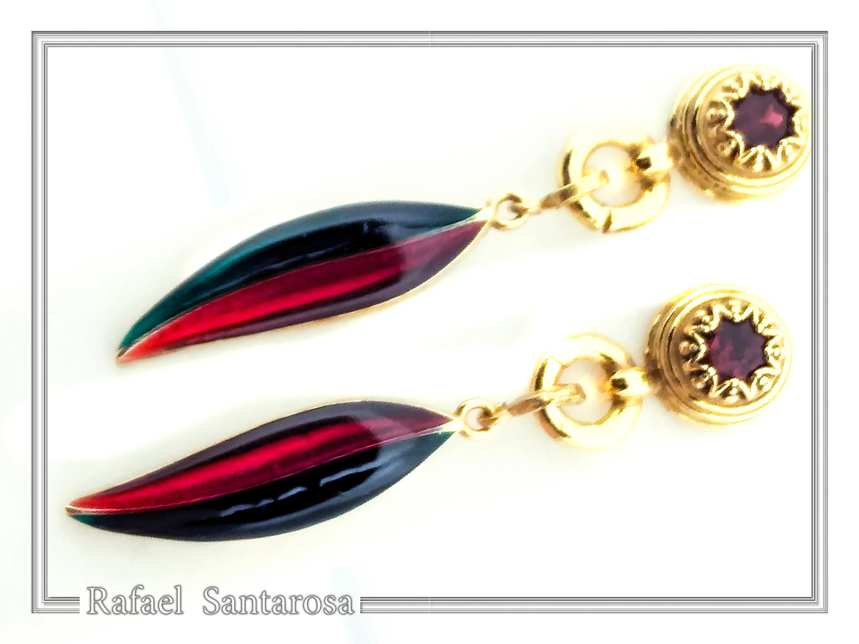 Olive Leaf Floral Dangle & Drop Earrings: Transparent Enamel, Natural Garnet, 18K Gold Filled Silver — additional product image 5 from Rafael Santarosa Fine Jewelry