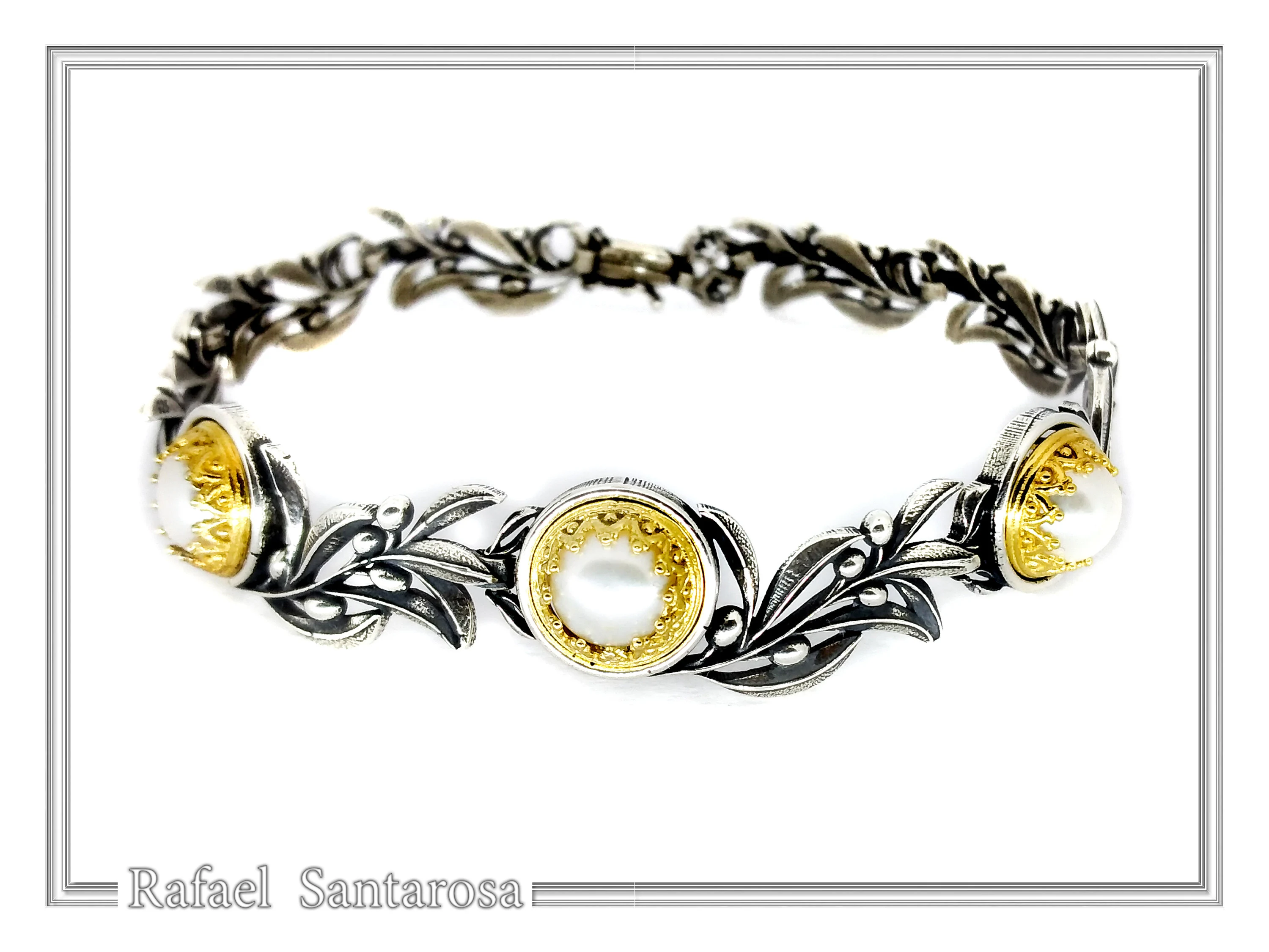 Natural Lapis Lazuli Olive Leaf Floral Beaded Bracelet: Oxidized and 18K Gold Filled Silver — additional product image 3 from Rafael Santarosa Fine Jewelry