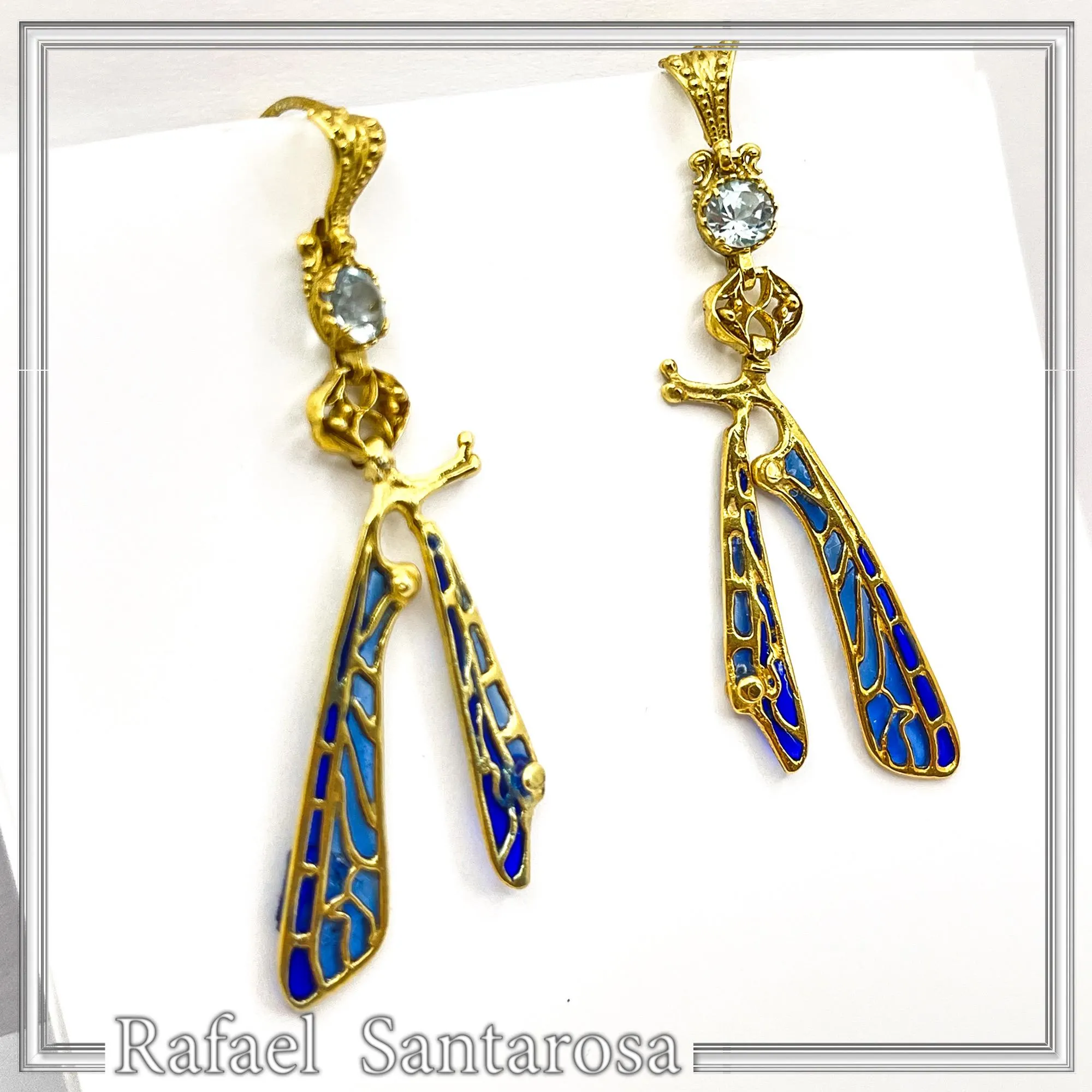 Art Nouveau Dragonfly feather Sterling Silver Earrings Gold Filled Blue Enamel Sky Blue Topaz Handmade Jewelry — additional product image 5 from Rafael Santarosa Fine Jewelry
