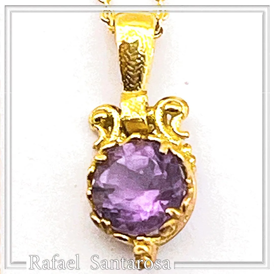 Natural Amethyst Byzantine Delicate Charm Necklace: Filigree Sterling Silver Bezel 18K Gold-Filled