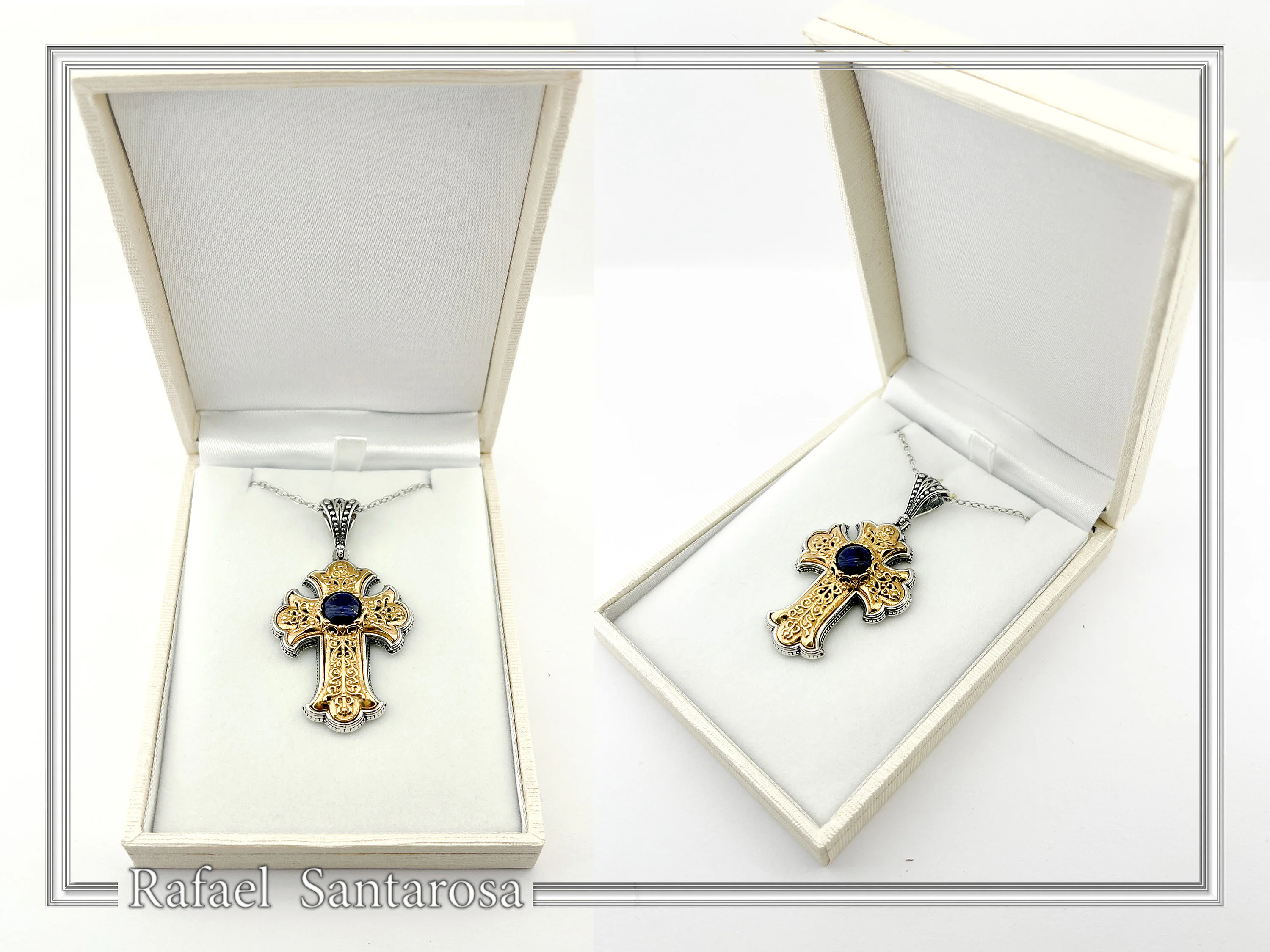 Natural Lapis Lazuli Imperial Byzantine Big Size Cross Necklace: Oxidized & 18K Gold Filled Silver — additional product image 9 from Rafael Santarosa Fine Jewelry