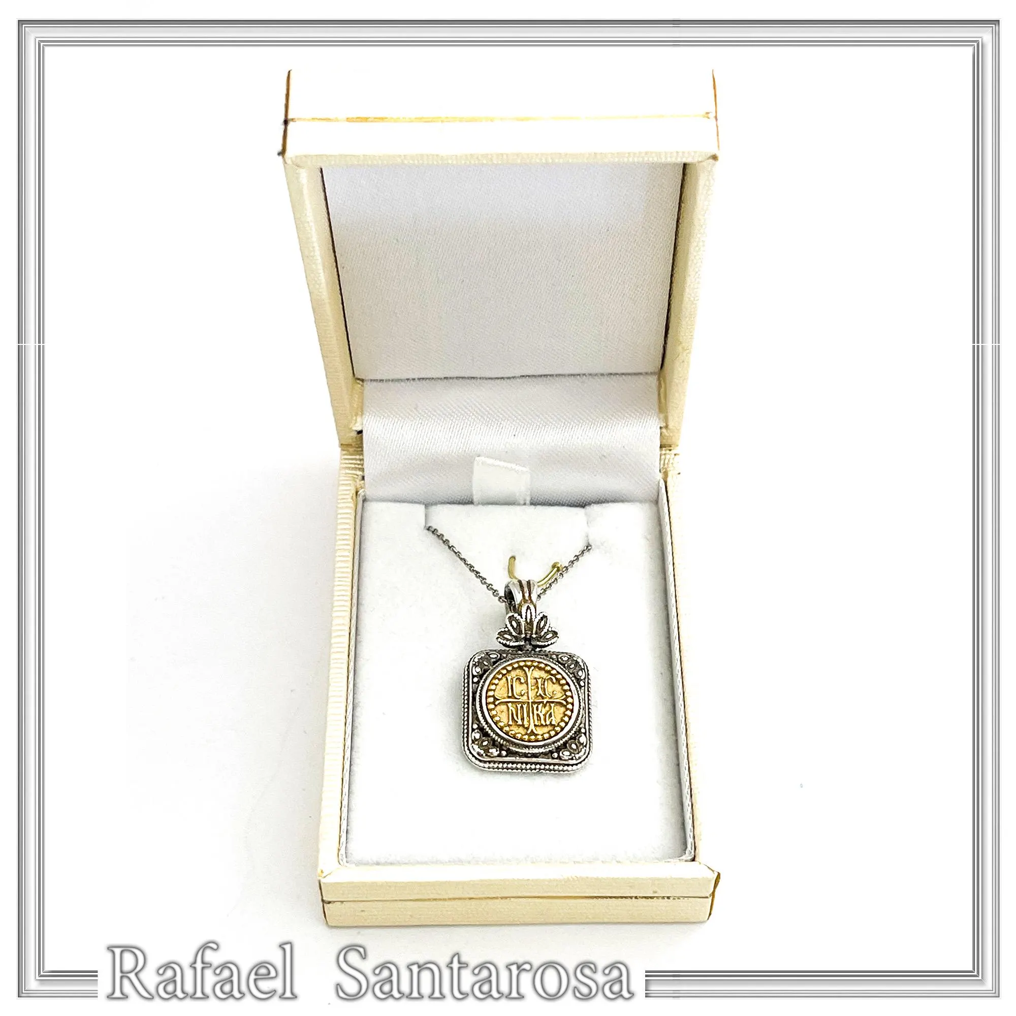 Jesus Christ Victorious Necklace: 18K Gold Christogram on Oxidized Silver. ICXC NIKA Orthodox Prayer — additional product image 2 from Rafael Santarosa Fine Jewelry