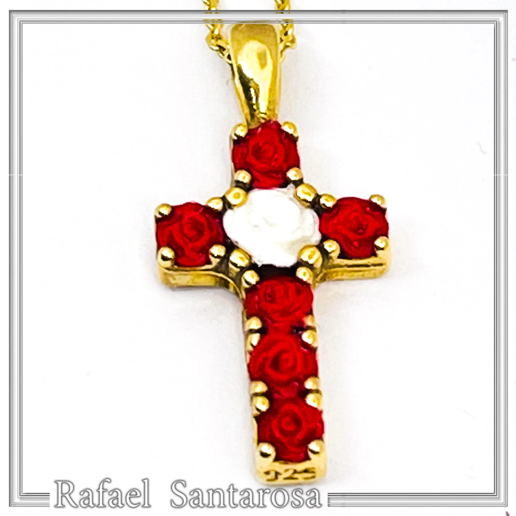 Tiny Cross Necklace: Hand Sculpted Alabaster Rose Flowers 18K Gold Filled Sterling Silver Cross — additional product image 2 from Rafael Santarosa Fine Jewelry