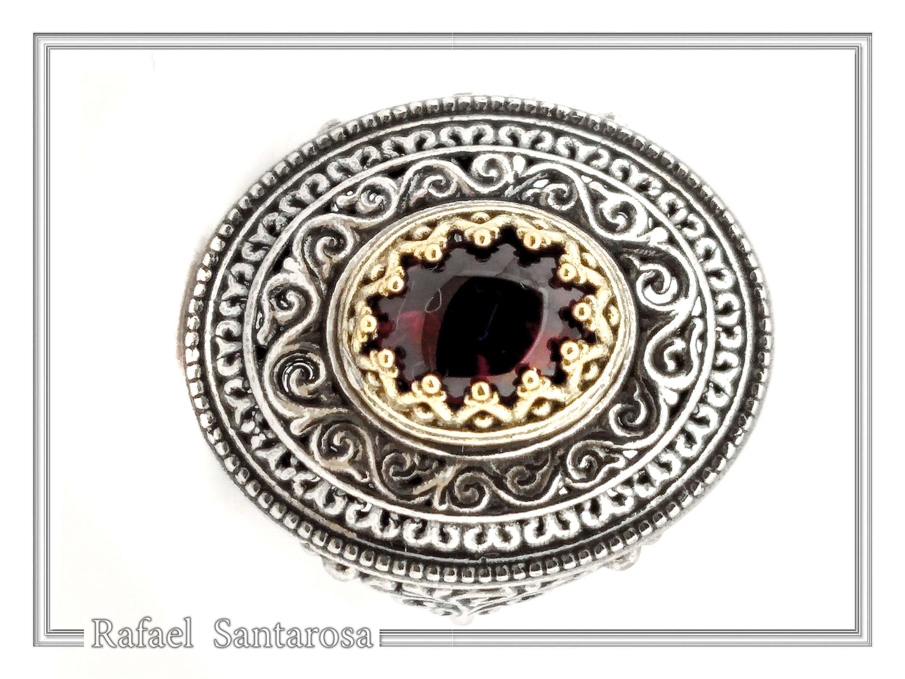Dark Red Genuine Garnet Byzantine Style Ring: Oxidized Sterling Silver & 18K Gold Filled Bezel — additional product image 5 from Rafael Santarosa Fine Jewelry