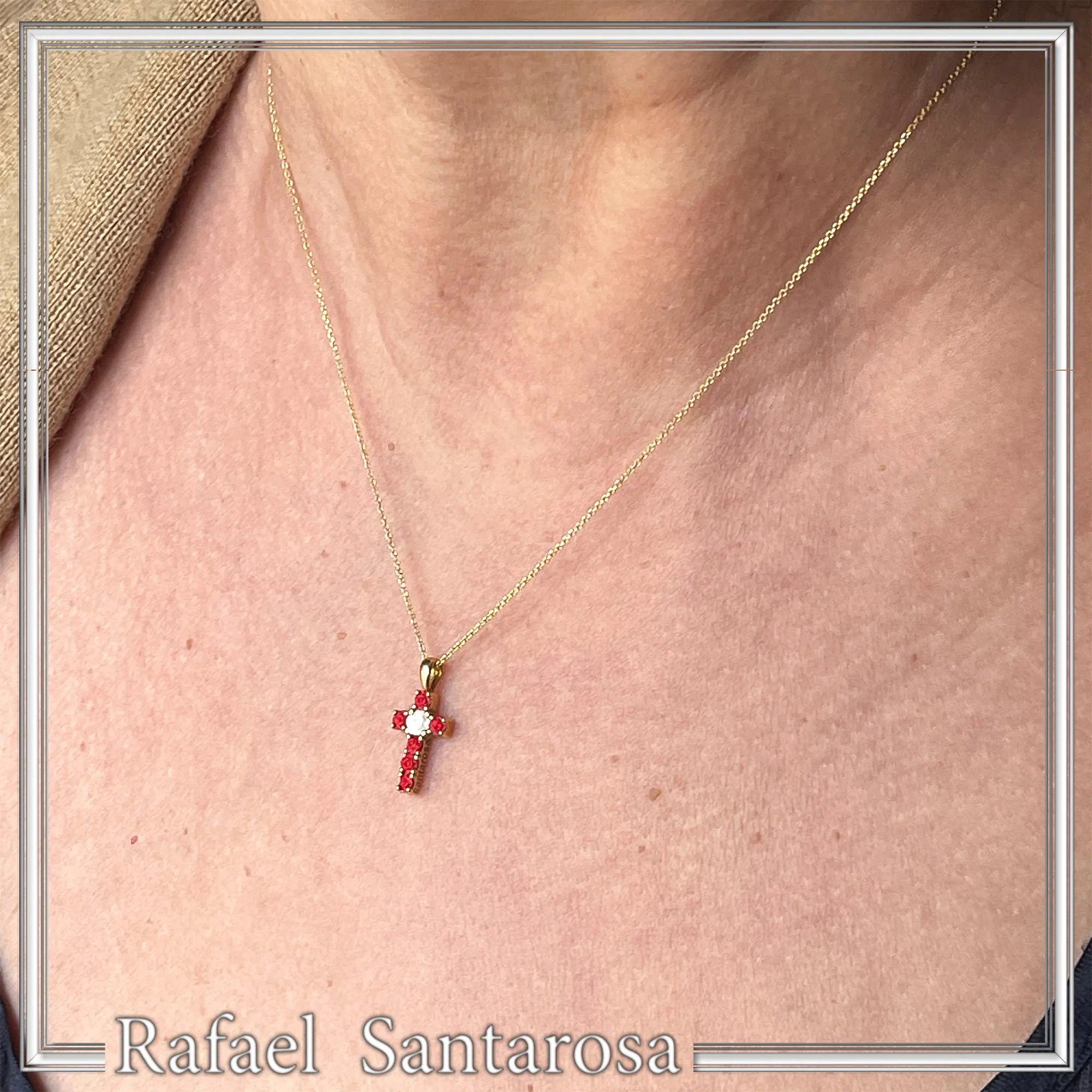 Tiny Cross Necklace: Hand Sculpted Alabaster Rose Flowers 18K Gold Filled Sterling Silver Cross — additional product image 7 from Rafael Santarosa Fine Jewelry