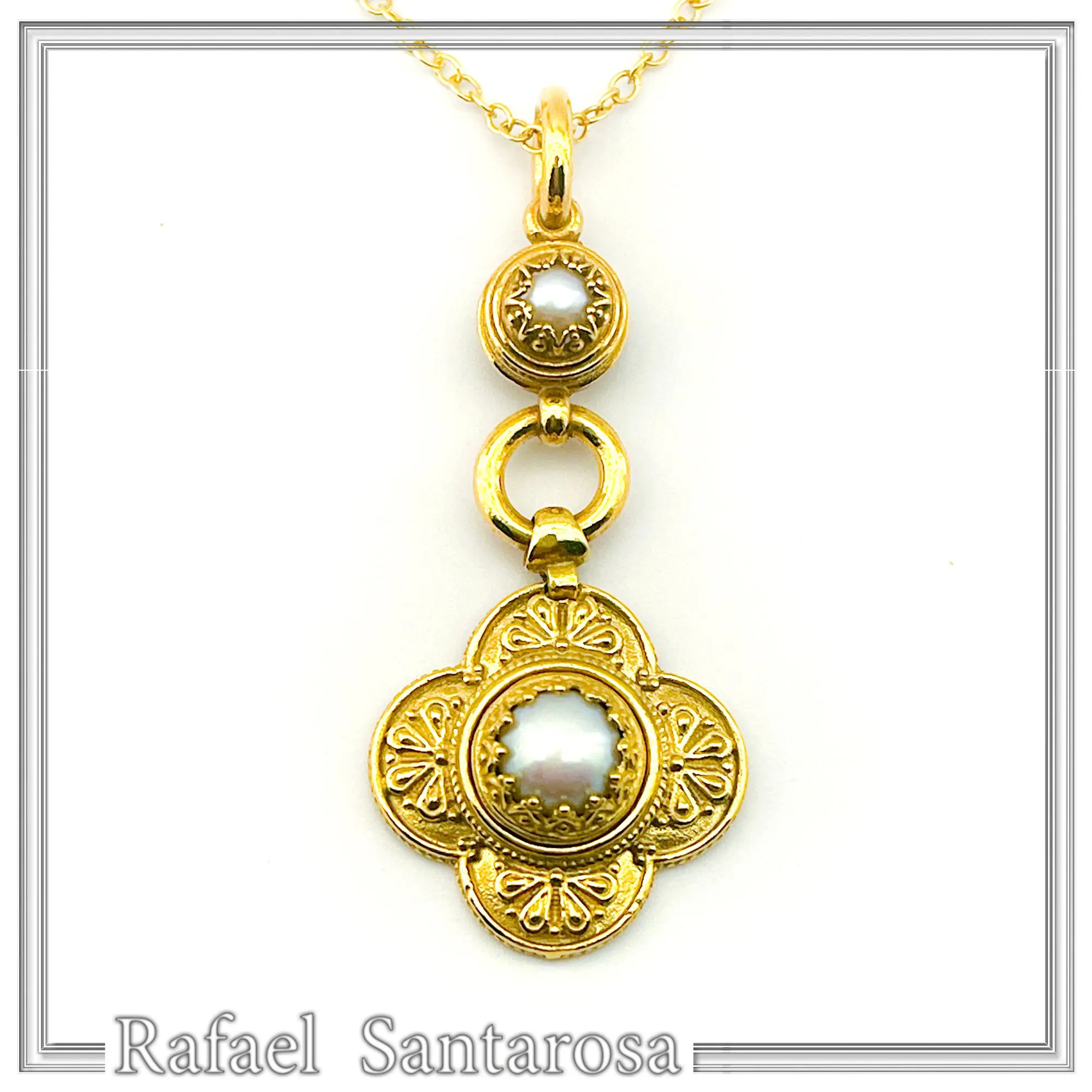 Natural Pearl Byzantine Cross Shape Dangle Pendant: 18K Gold-Filled Silver Filigree Greek Necklace — additional product image 5 from Rafael Santarosa Fine Jewelry