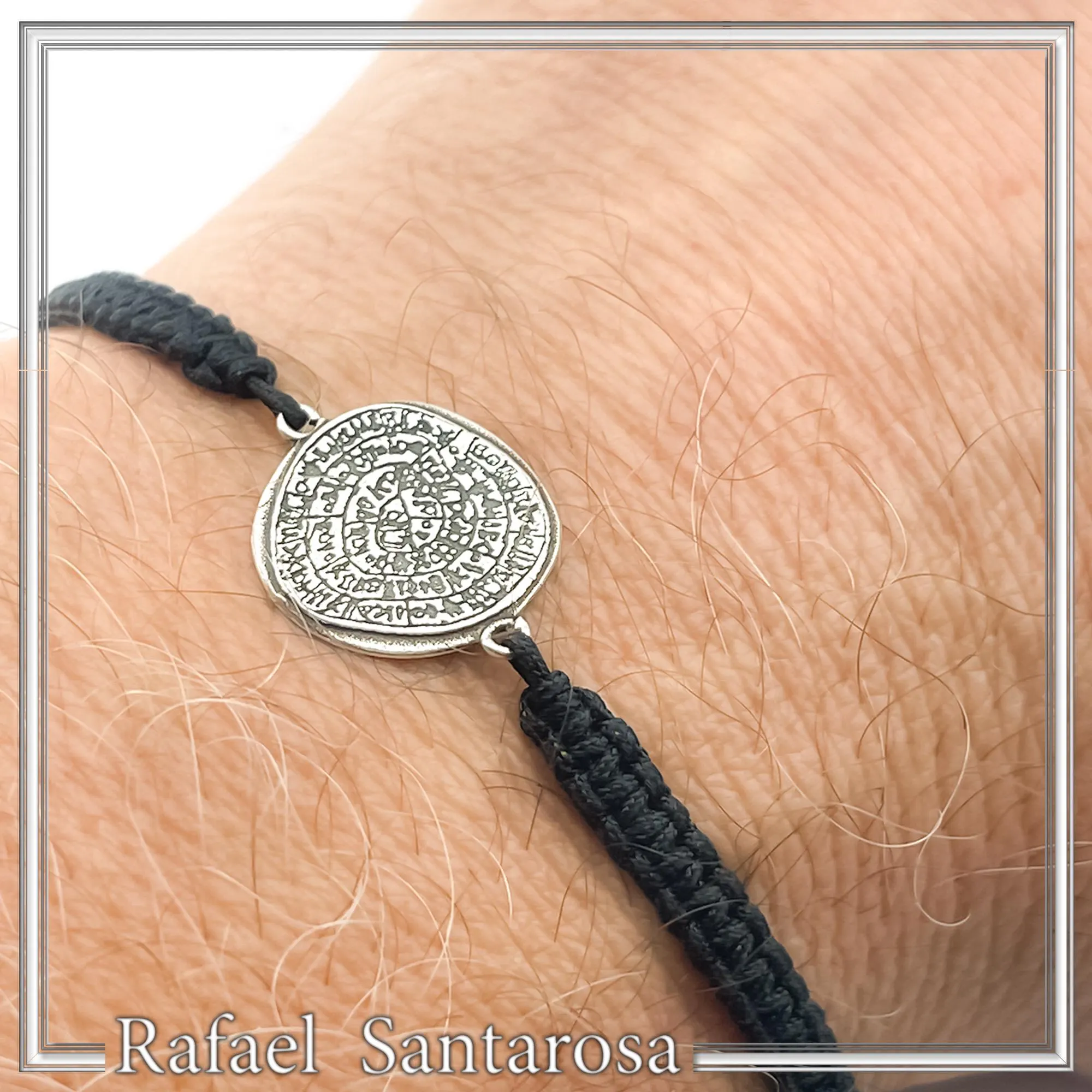 Oxidized Sterling Silver Phaistos Disc Charm Bracelet: Ancient Greek Calendar Museum Replica Macrame Bracelet — additional product image 2 from Rafael Santarosa Fine Jewelry