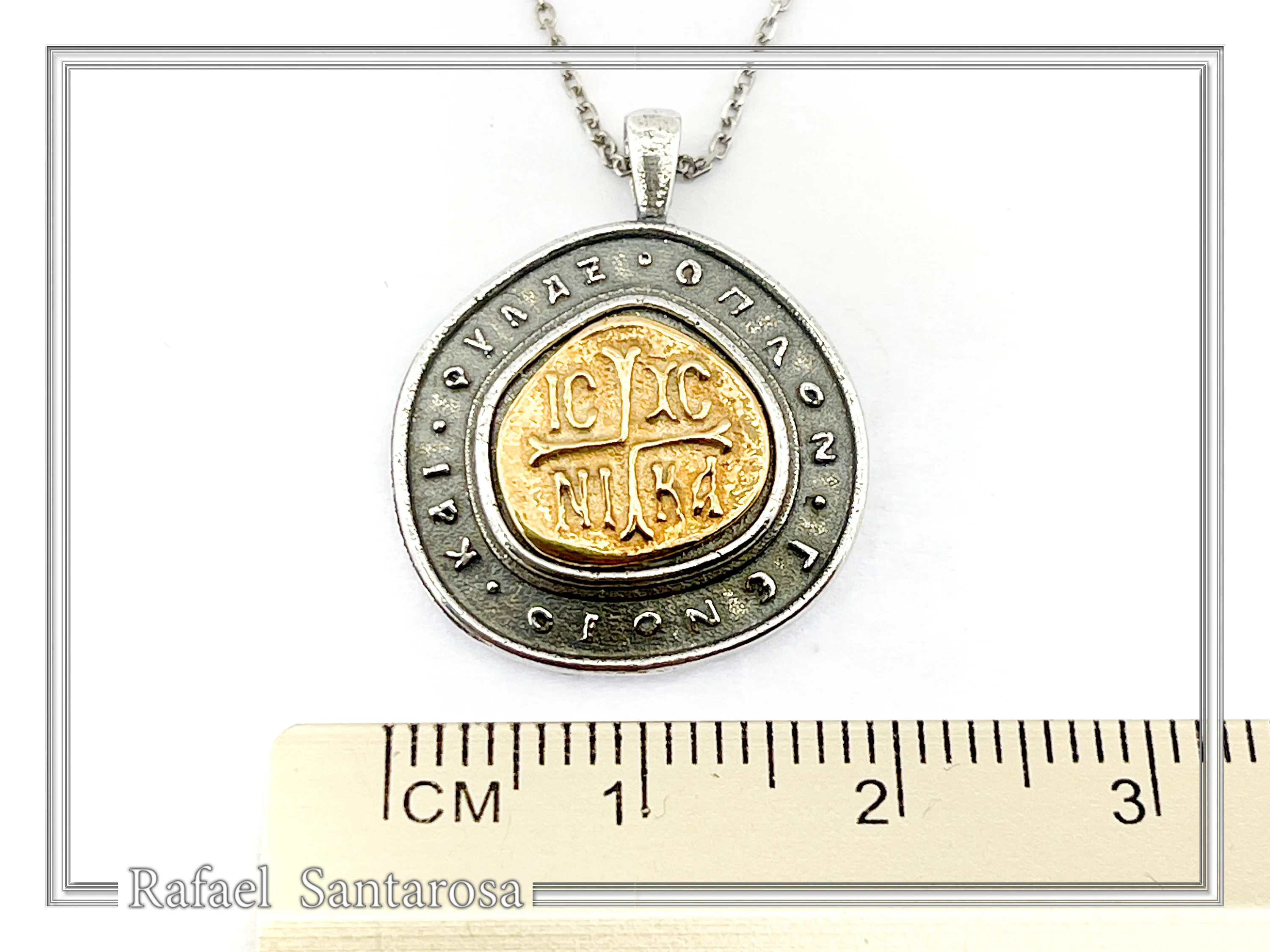 Jesus Christ Victorious Necklace: 18K Gold Christogram & Oxidized Sterling Silver. ICXC NIKA Orthodox Prayer. — additional product image 7 from Rafael Santarosa Fine Jewelry