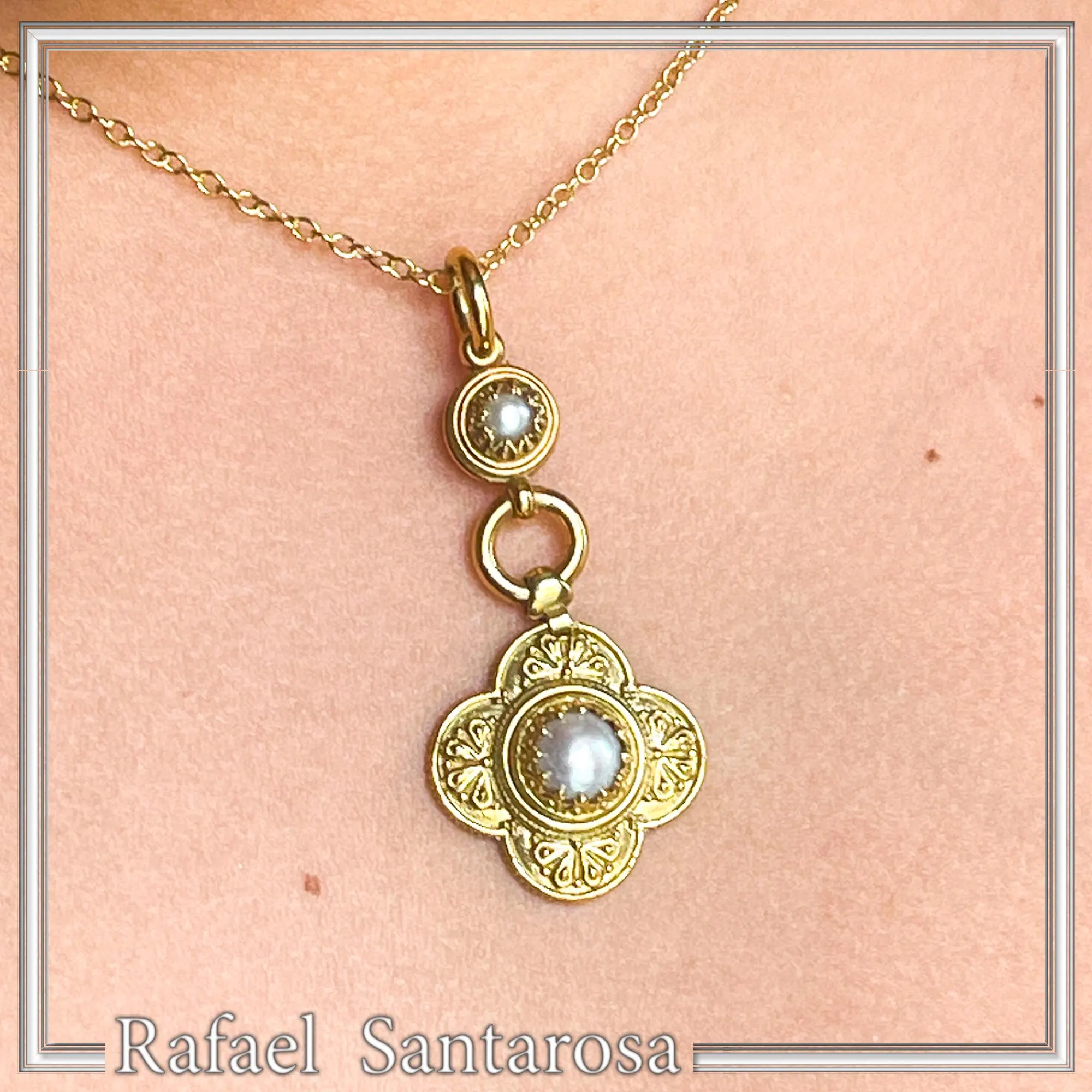 Natural Pearl Byzantine Cross Shape Dangle Pendant: 18K Gold-Filled Silver Filigree Greek Necklace — additional product image 7 from Rafael Santarosa Fine Jewelry