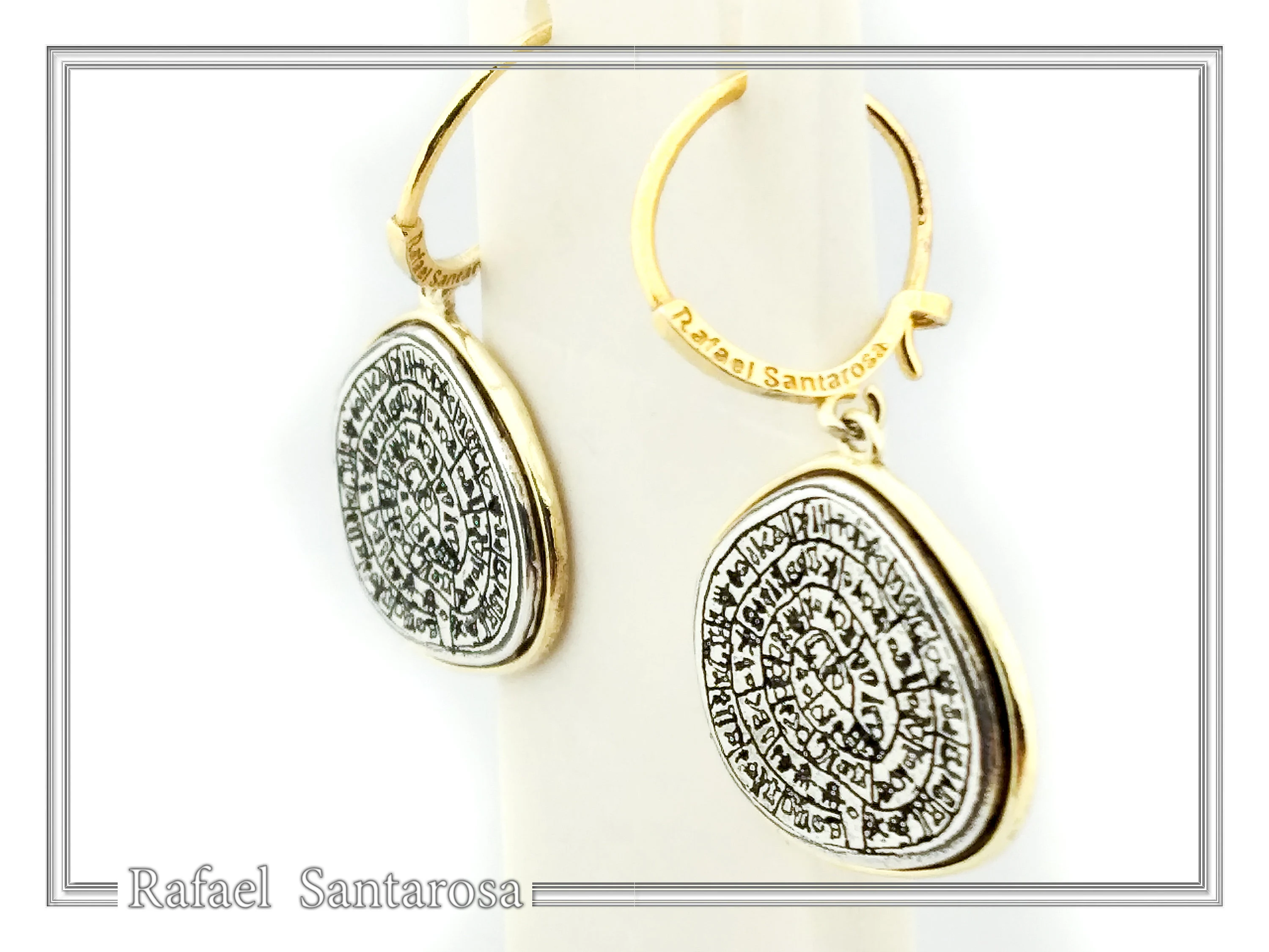 Phaistos Disc Ancient Greek Calendar Earrings: Sterling Silver, 18k Gold Filled, Museum Jewelry — additional product image 2 from Rafael Santarosa Fine Jewelry