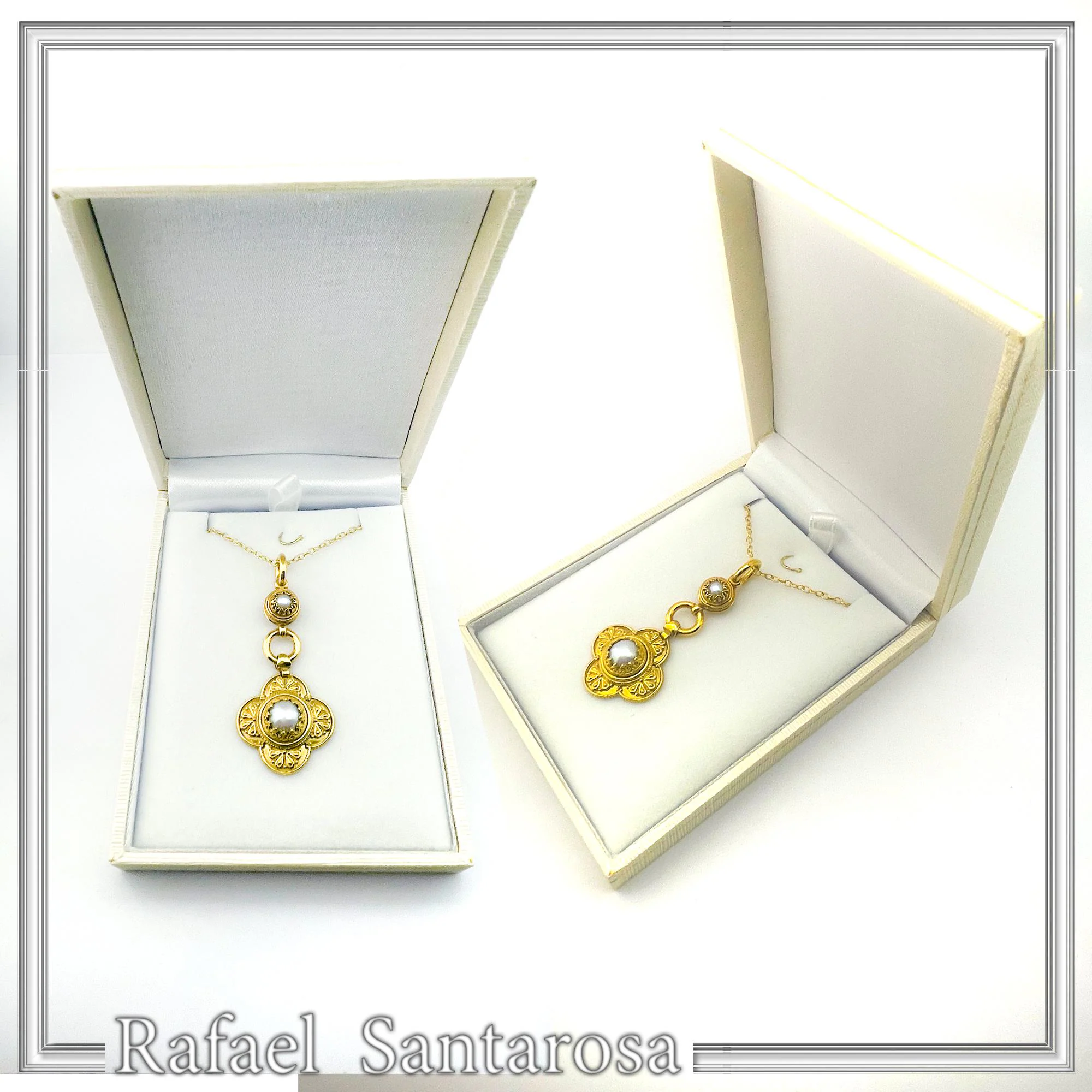 Natural Pearl Byzantine Cross Shape Dangle Pendant: 18K Gold-Filled Silver Filigree Greek Necklace — additional product image 10 from Rafael Santarosa Fine Jewelry