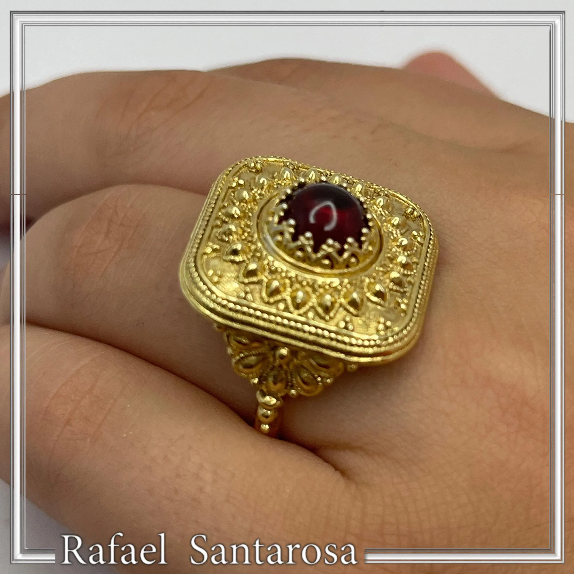 Byzantine Natural Garnet Statement Ring: 18K Gold Filled Granulation Filigree Sterling Silver — additional product image 4 from Rafael Santarosa Fine Jewelry